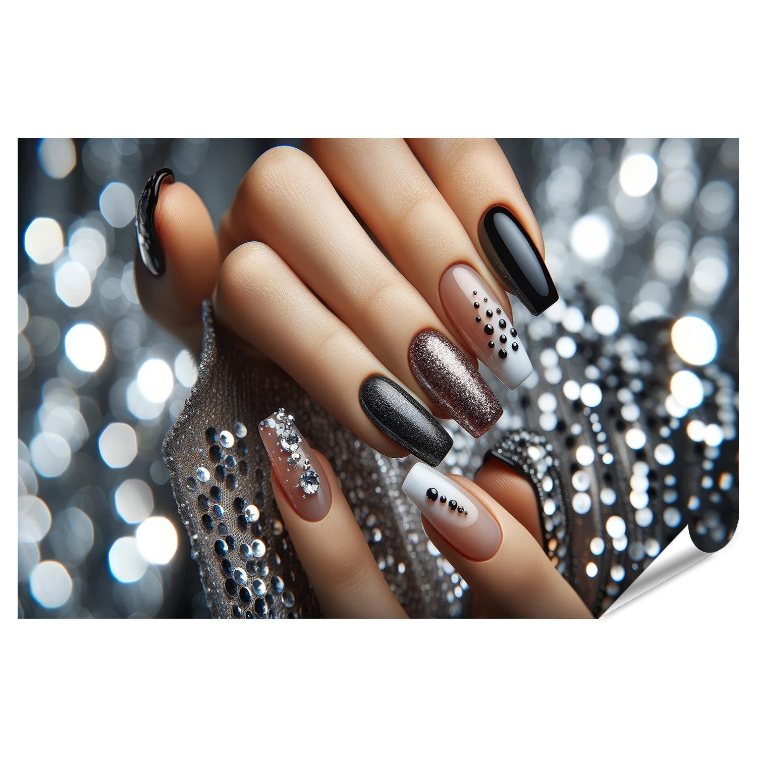 Poster Luxus auf Fingerspitzen - Elegante Maniküre mit Strass und Polka-Dots