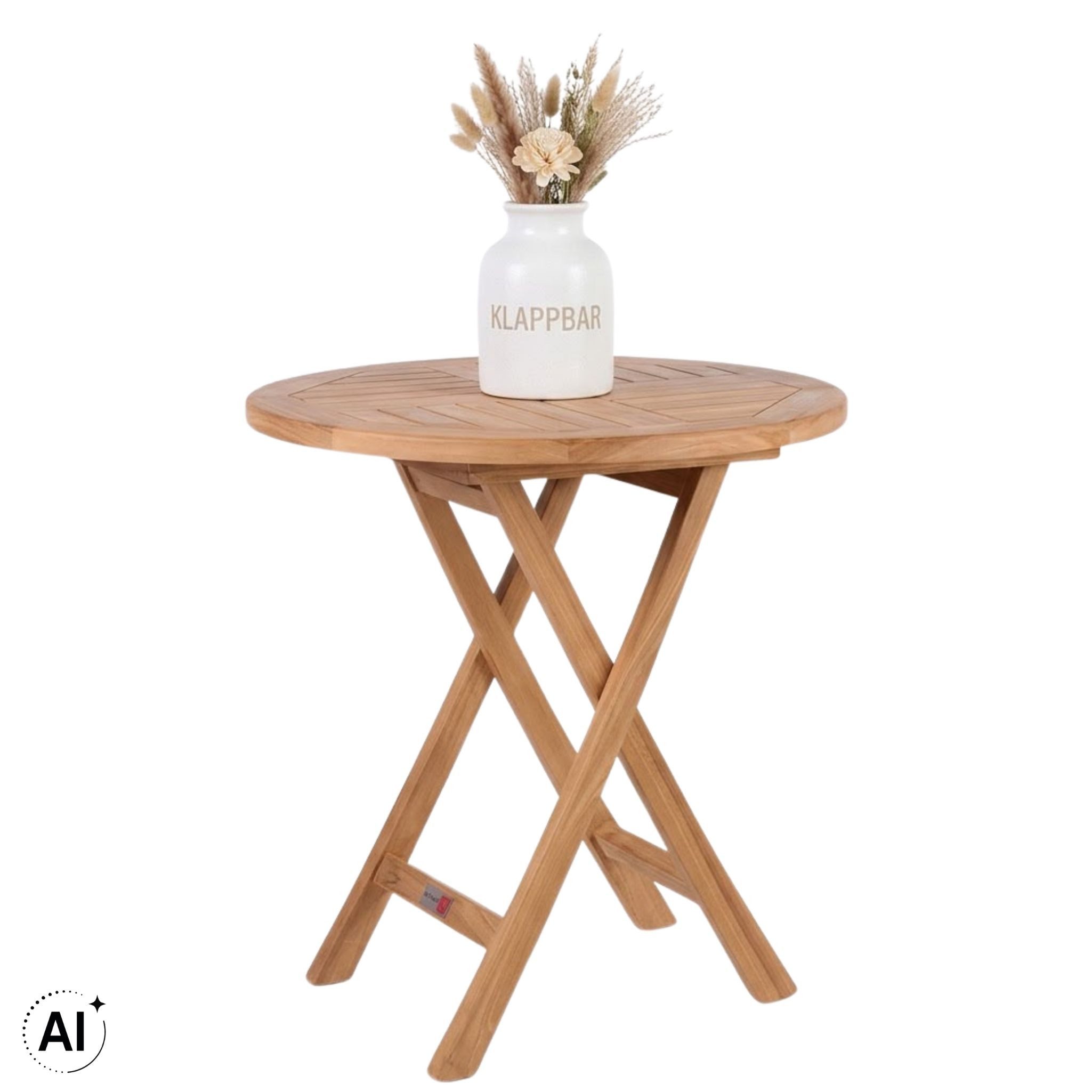 MR.DEKO Gartentisch Klapptisch Sutton Teak rund Ø70 cm Garten Tisch klappbar Balkontisch (Ideal zu Deckchairs kombinierbar – für drinnen & draußen geeignet, 1-St), Plantagen-Teak Vollholz – wetterfest, vielseitig, leicht montierbar