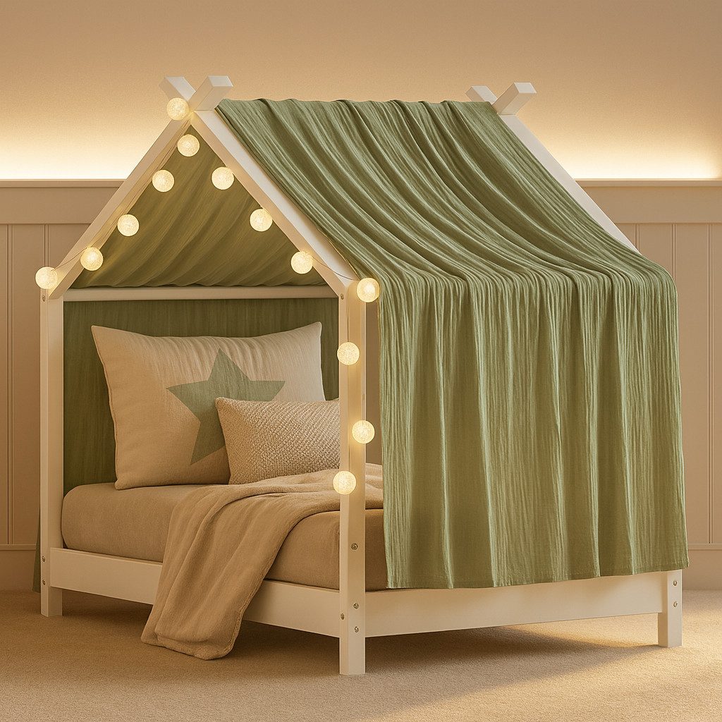 Alavya Home® Балдахин для кровати 3 tgl. Балдахин для кровати Moon Deko-Set 110x360 cm (Hausbett Kinderbett Baldachin Montessori), Musselin Bio-Baumwolle 100% GOTS-zertifizierter - 2x LED-Lichterkette