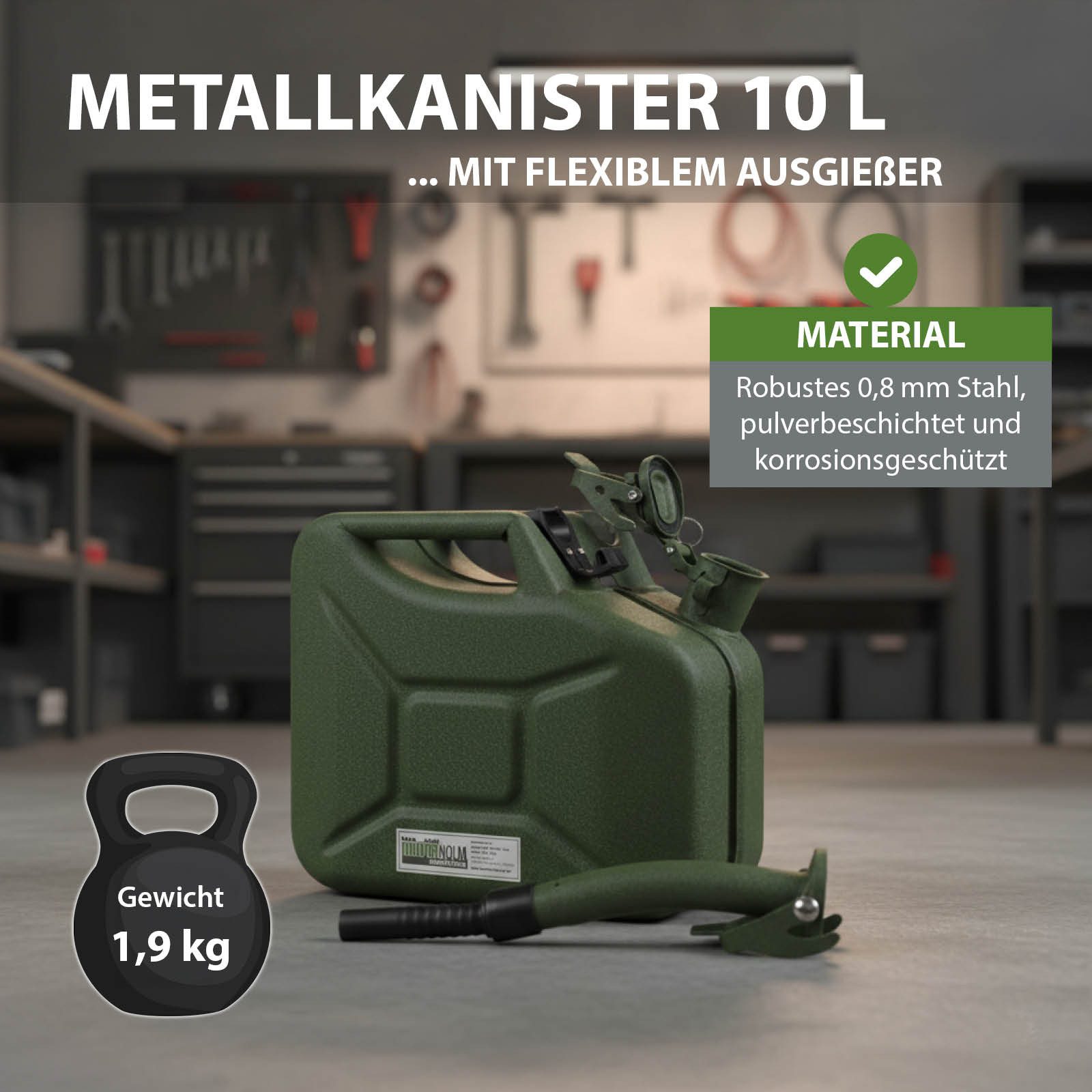TRUTZHOLM Kanister Benzin Metall 10 Liter Hammerschlag Olivgrün inkl. Ausgießer + Halter (1 St), Metall