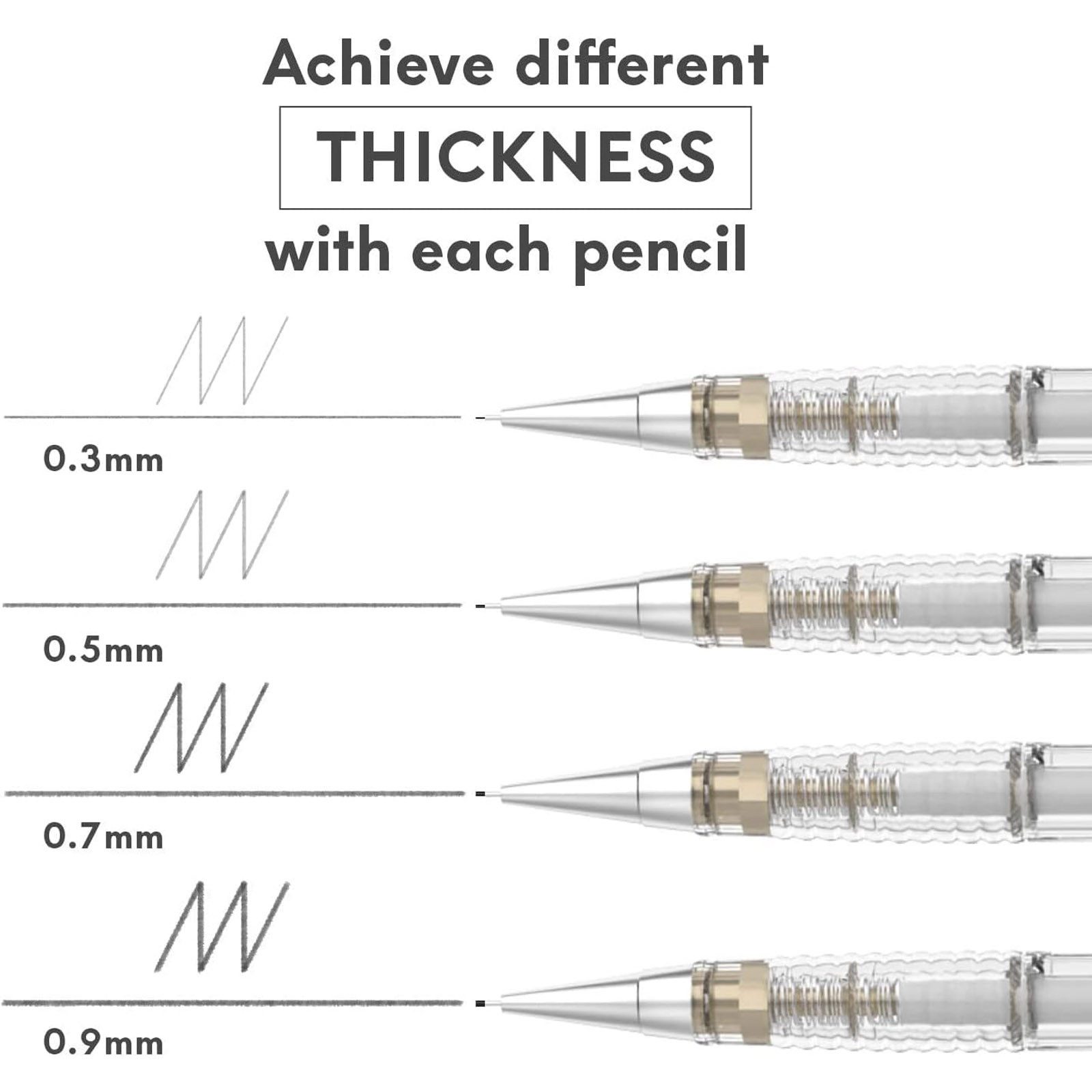 MozArt Supplies Druckbleistift 4er Set Skizzierstifte Minen 0,3 – 0,9mm Bleistift, mit Radiergummis, Ersatzminen & Etui