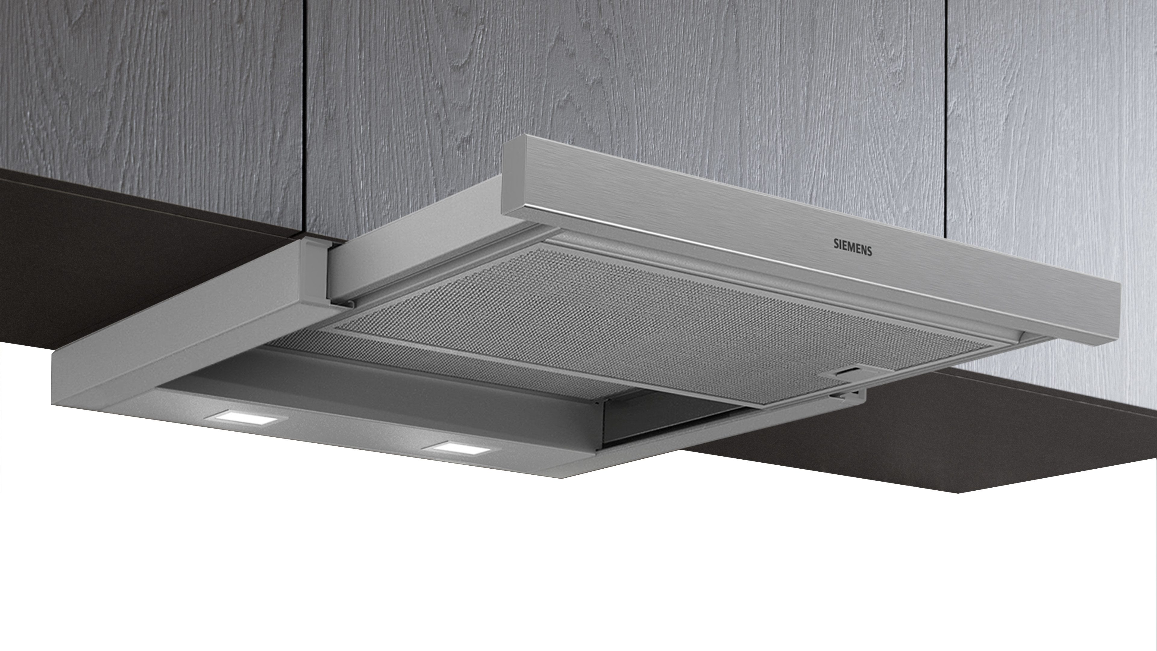 SIEMENS Flachschirmhaube LI63LB526 Serie iQ100 Helles LED-Licht & Teleskopauszug für klare Sicht und frische Luft.