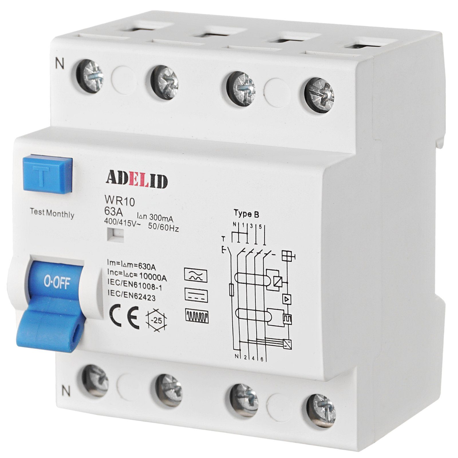 300mA B Allstromsensitiv 63A Typ FI-Schalter RCD Schalter, Fehlerstromschutzschalter 4-polig 10kA ADELID