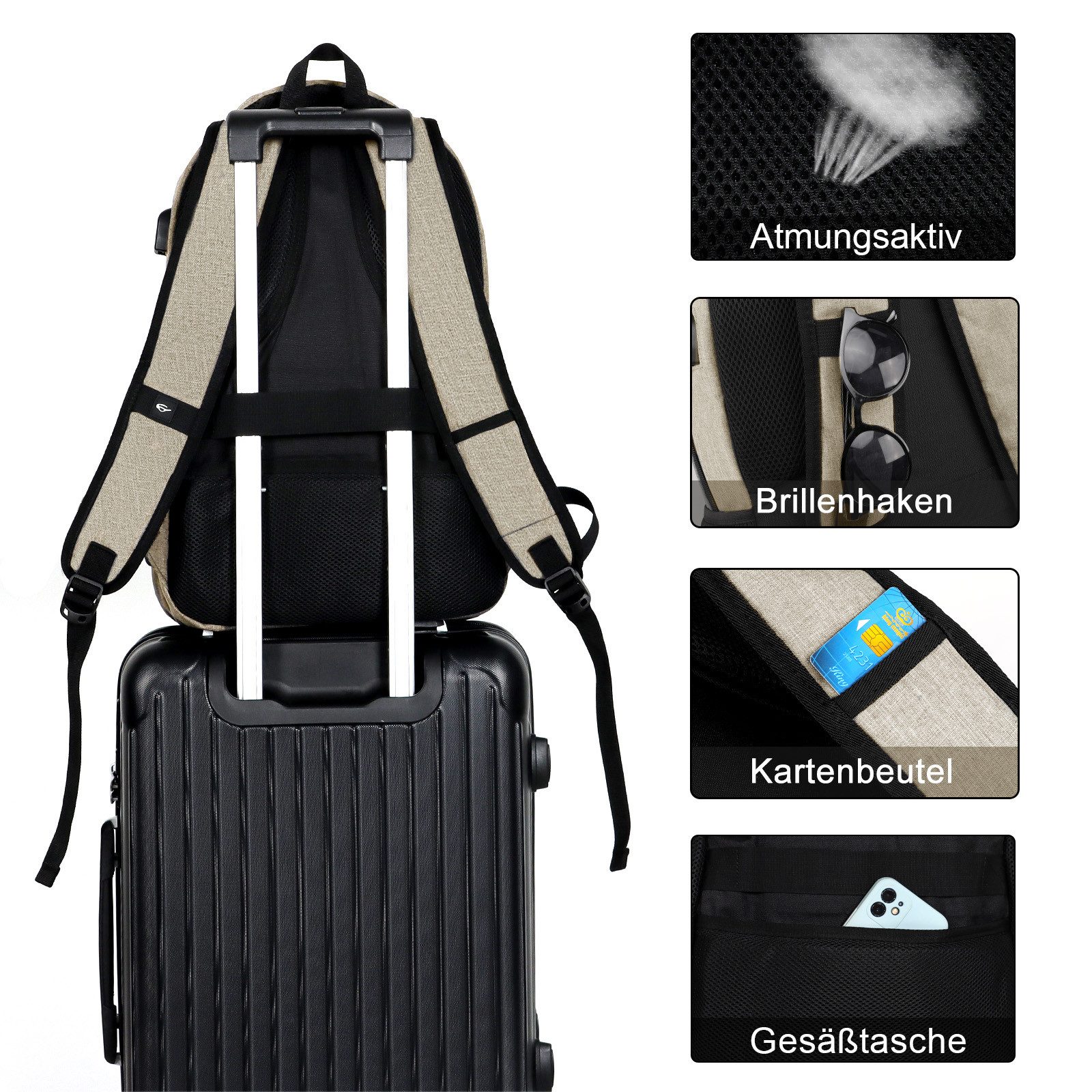 TAN.TOMI Rucksack Laptop Rucksack Herren Große Kapazität Casual Rucksack, für 15,6" Laptop mit USB Ladeanschluss für Reisen