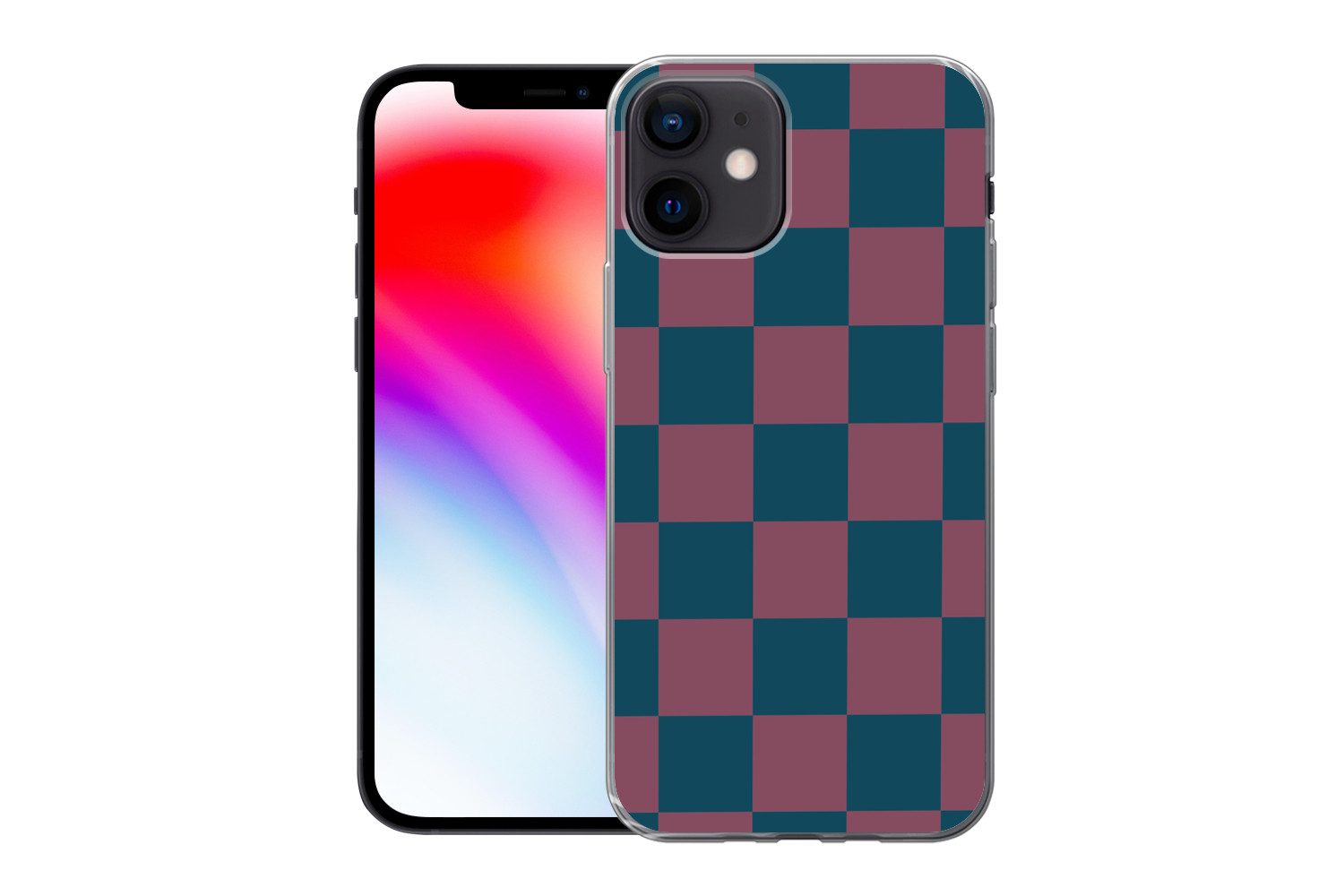 MuchoWow Handyhülle für Apple iPhone 12 Schachbrett Druck - Blau - Rot - Würfel, Smartphone-Bumper, Print, Handy Schutzhülle Dünn