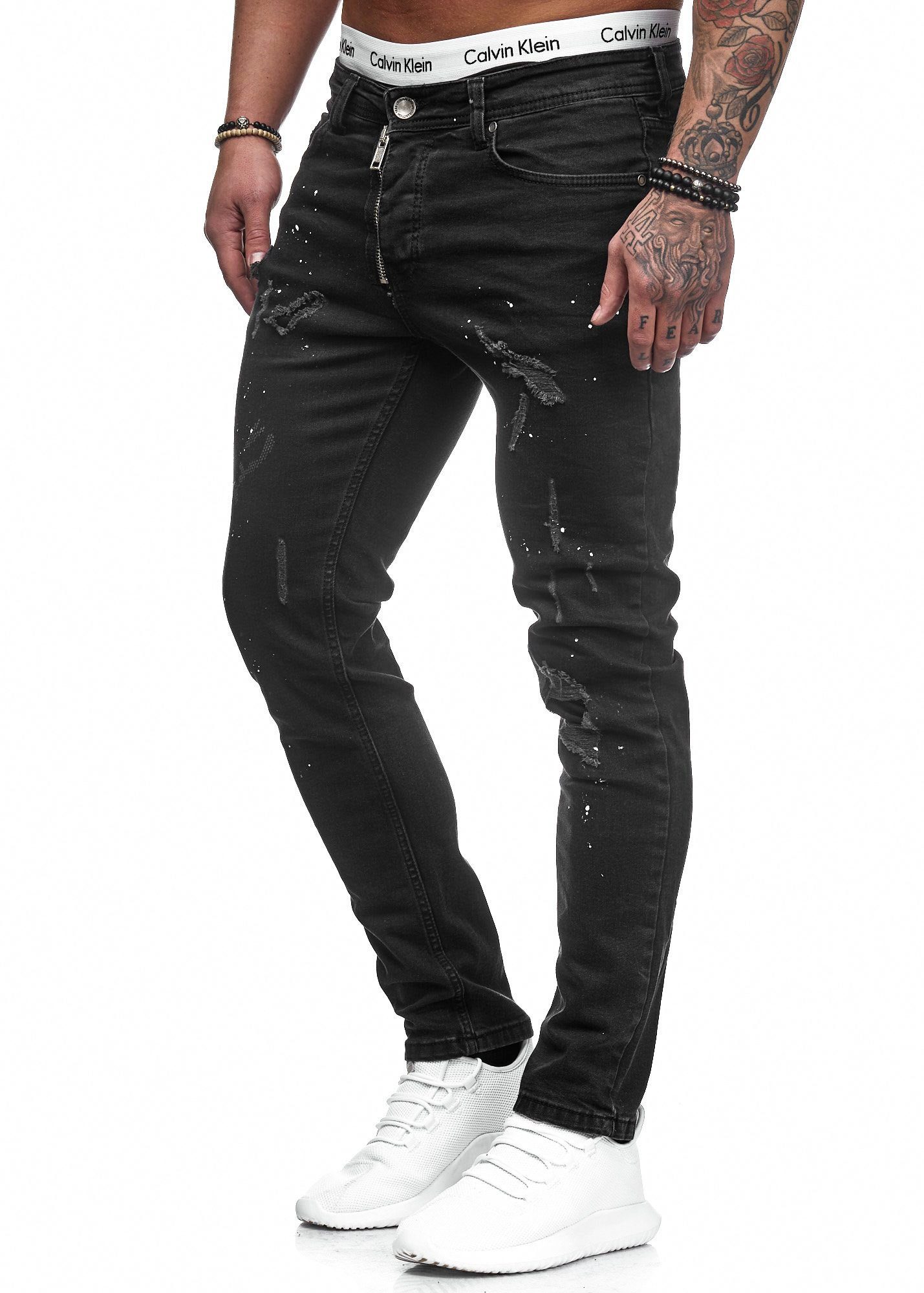 Code47 Slim-fit-Jeans Hose 5073 Jeanshose Schwarz Stretch Risse Basic Designer Chino Herren Fit Slim Jeans