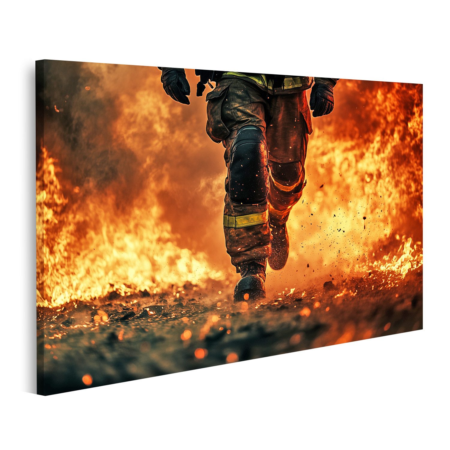 Leinwandbild Feuerwehrmann im Einsatz gegen massive Flammen