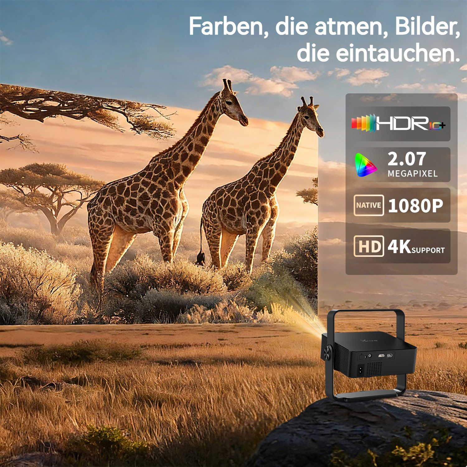 XNANO HM102 Smart Projektor, 300 ANSI, Android 13, WiFi 6, BT5.2 LCD-Beamer (300 lm, 3840 x 2160 px, Full HD 1080P, 4K@30fps Videodekodierung, 360° integrierte Halterung)