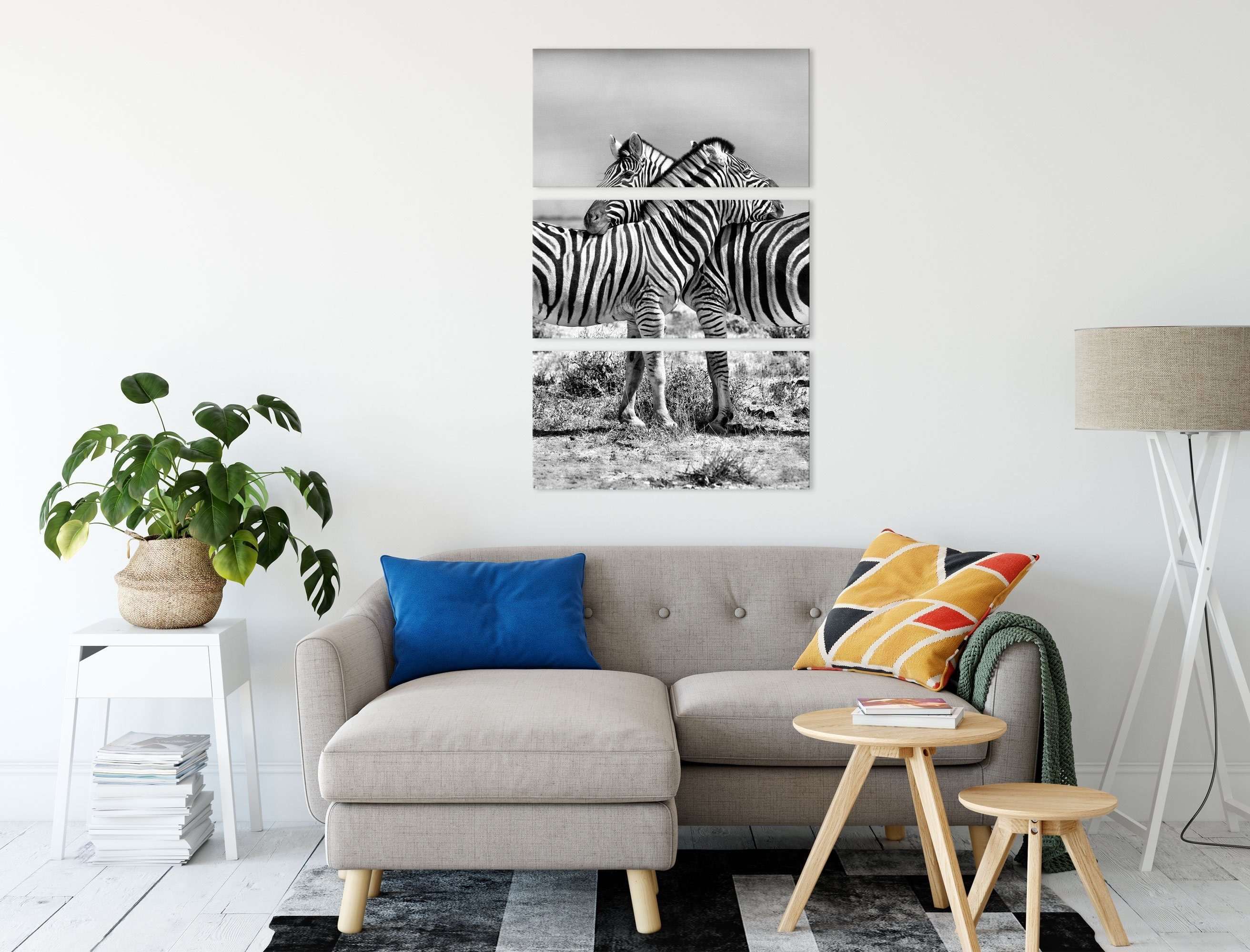 Pixxprint Leinwandbild Schmusende Zebras, 3Teiler Schmusende Leinwandbild (120x80cm) (1 bespannt, Zebras fertig inkl. Zackenaufhänger St)