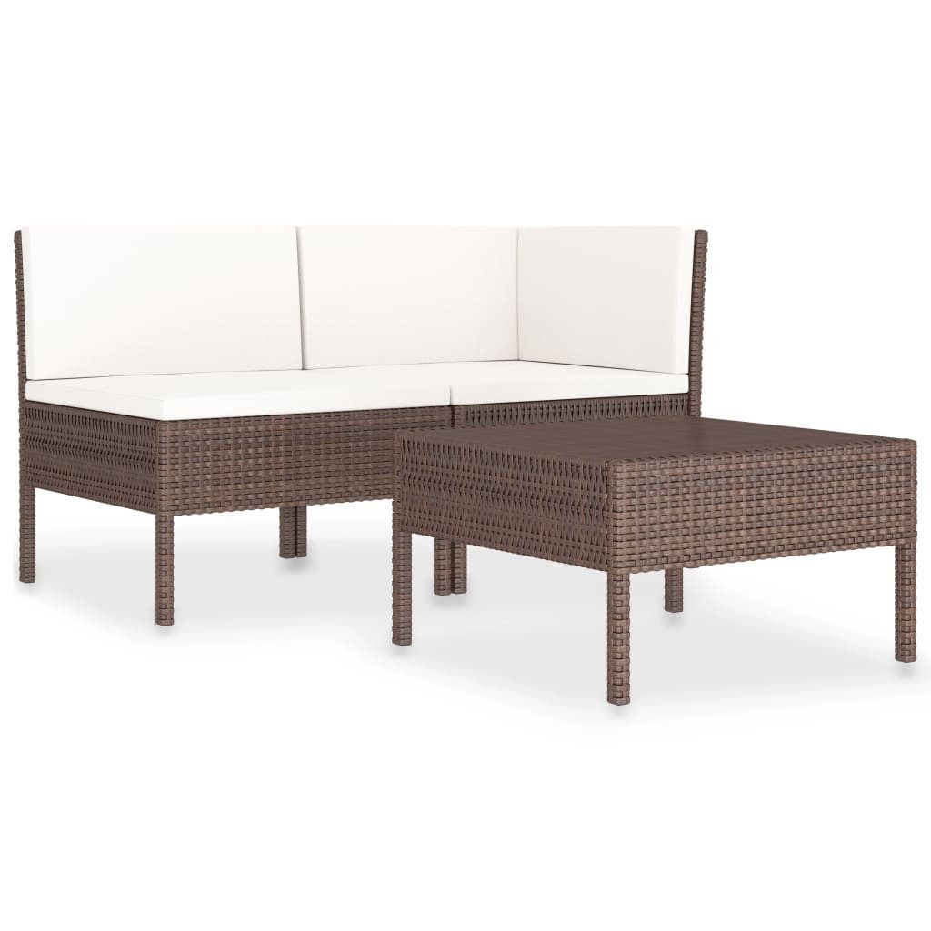 vidaXL Gartenlounge-Set 3-tlg. Garten-Lounge-Set mit Auflagen Poly Rattan Braun, (1-tlg)