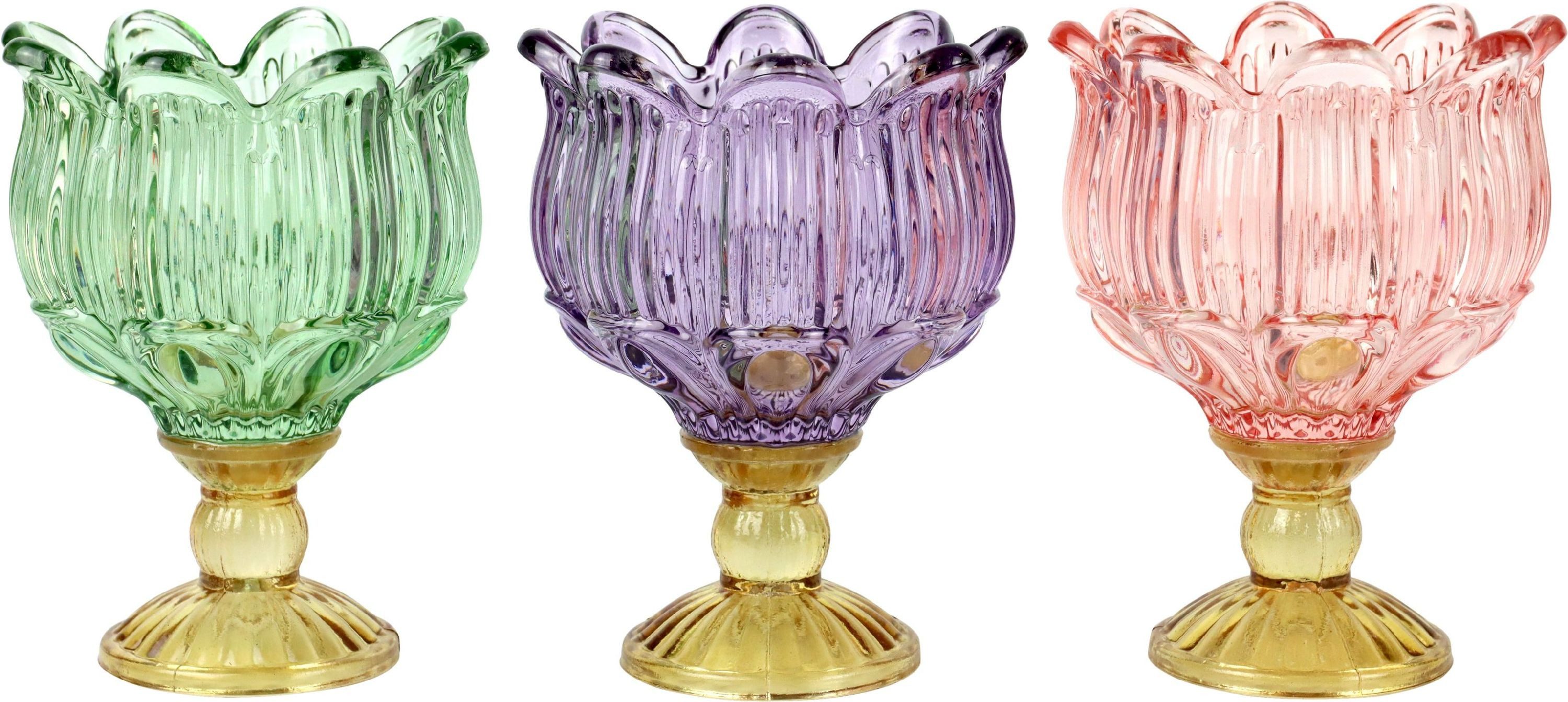FURNARO Teelichthalter (3-tlg), handgearbeitetes Glasdesign in Rosa, Lila & Grün ca. 16cm