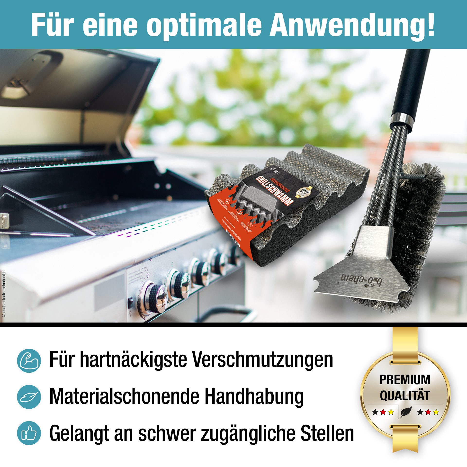 Thumbnail - bio-chem Grillbürste Grill Zubehör Reinigungsset 2-teilig – Bürste & Schwamm, Gasgrill, Grillrost, Holzkohlegrill, Kugel...