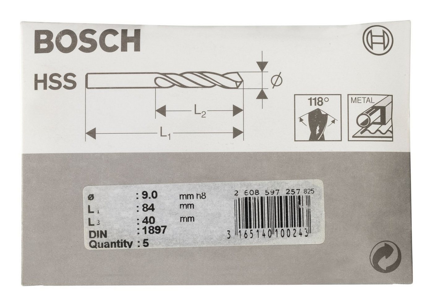Thumbnail - BOSCH Metallbohrer, (5 Stück), HSS-R (DIN 1897) Karosseriebohrer - 9 x 40 x 84 mm - 5er-Pack