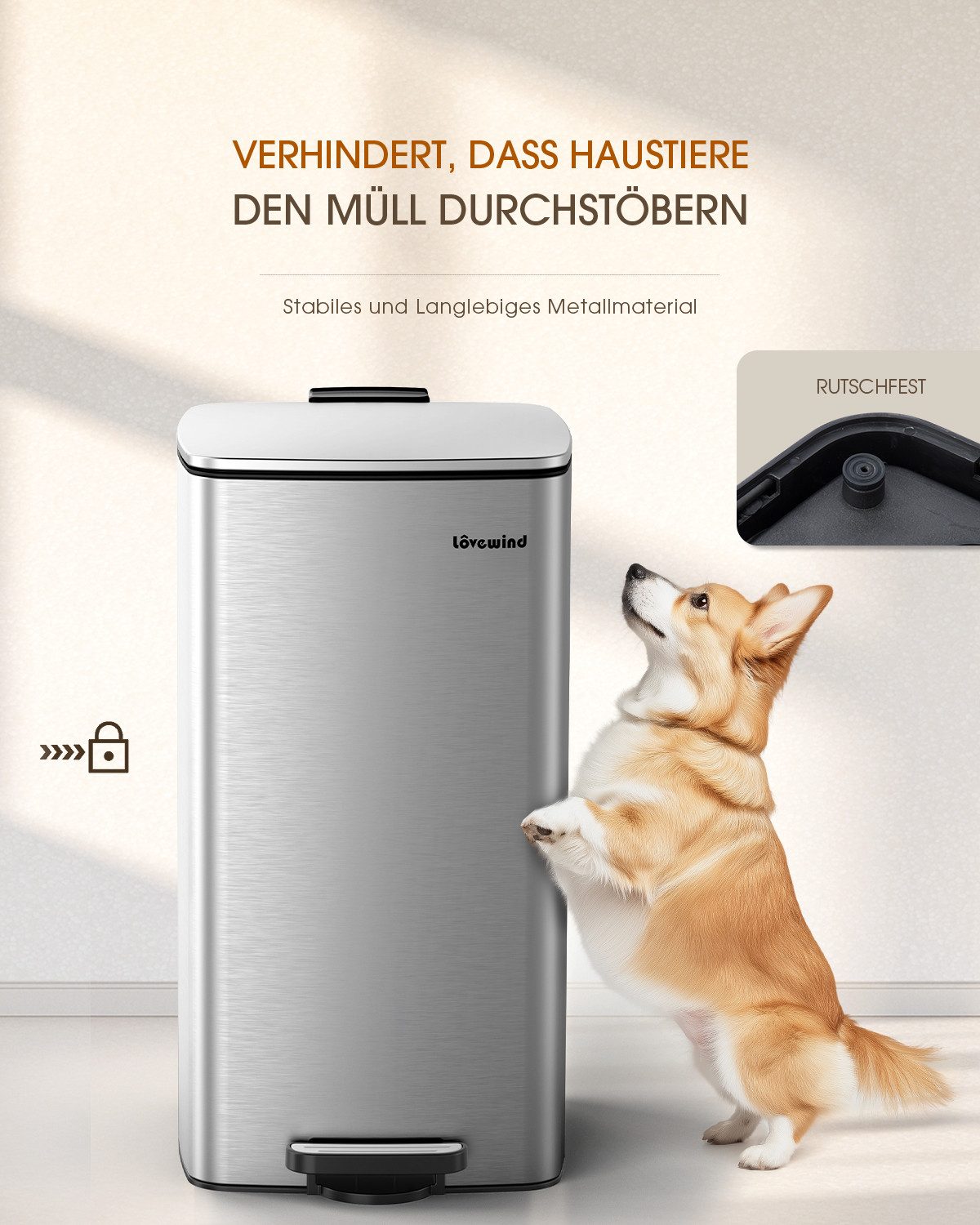 Lovewind Mülleimer Mülltrennsystem Rechteckig Treteimer Edelstahl Abfalleimer Küche 30L, 30 L Fassungsvermögen Leise schließende Deckel Edelstahl-Deckeln