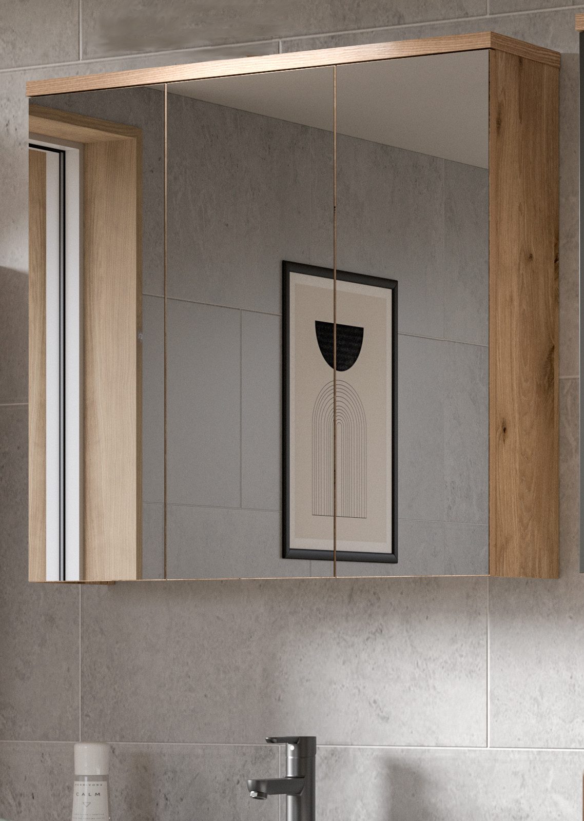Inn.Furn Badezimmerspiegelschrank Oderzo (Badschrank in Nox Eiche, 3-türig 80 x 75 cm) Soft-Close-Funktion