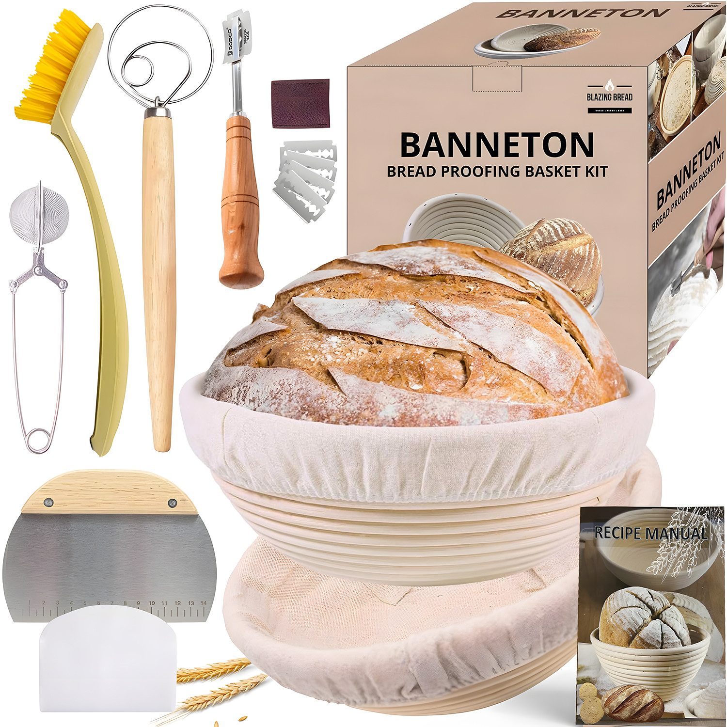 HEYHIPPO Gärkorb 2er Set Banneton Gärkorb 23×8 cm, Sauerteigkorb mit 6 Zubehörteilen, (Set 9-tlg), Rattan Gärkorb Set, Sauerteig Brotbackset mit Teigschaber & Rezeptbuch
