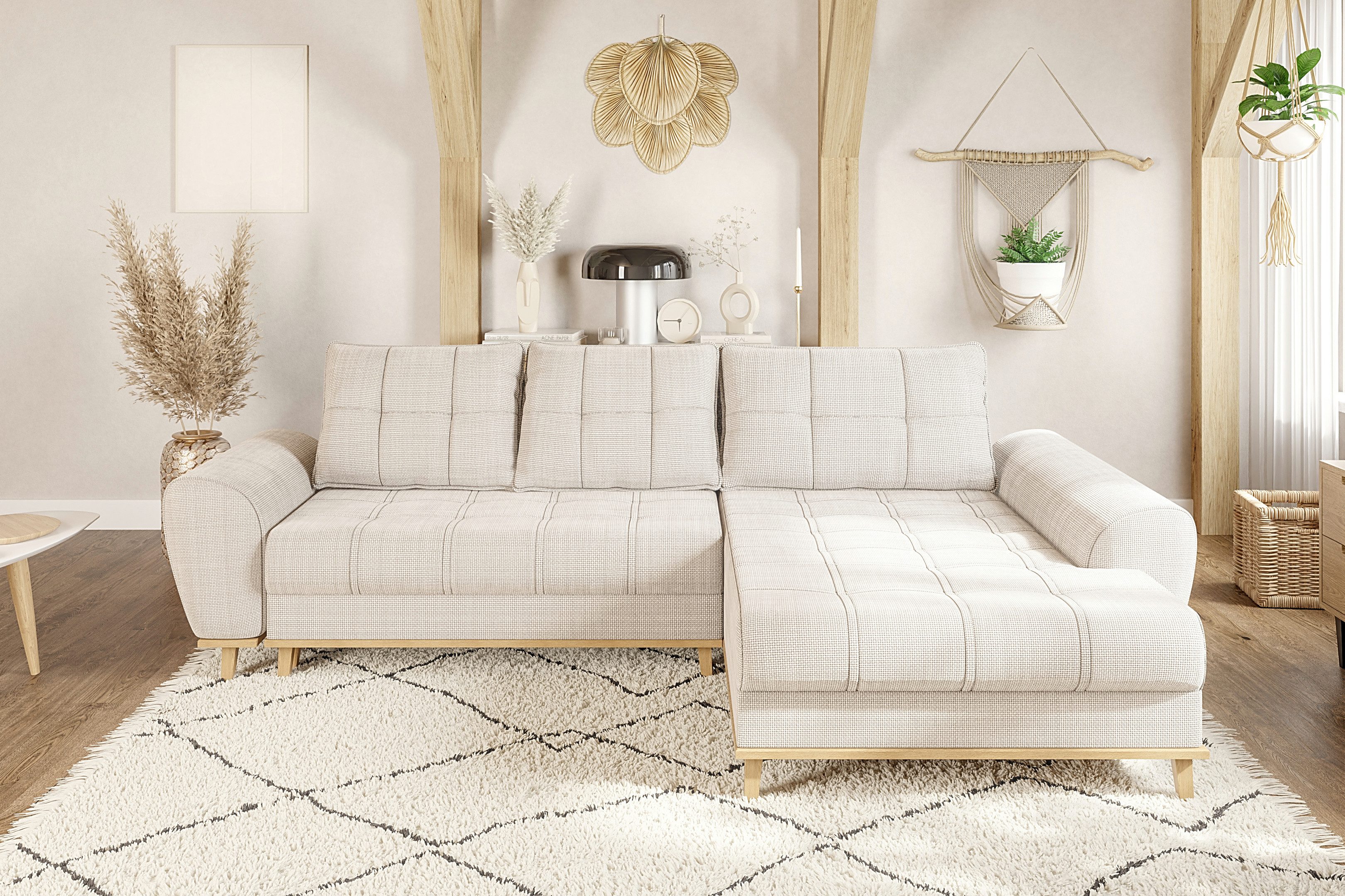 luma-home Ecksofa 21013, im Scandi-Stil mit Schlaffunktion und Bettkasten, Wellenunterfederung, B268/T175/H86 cm, Ottomane rechts, weicher Bouclé Chenille Stoff in Beige