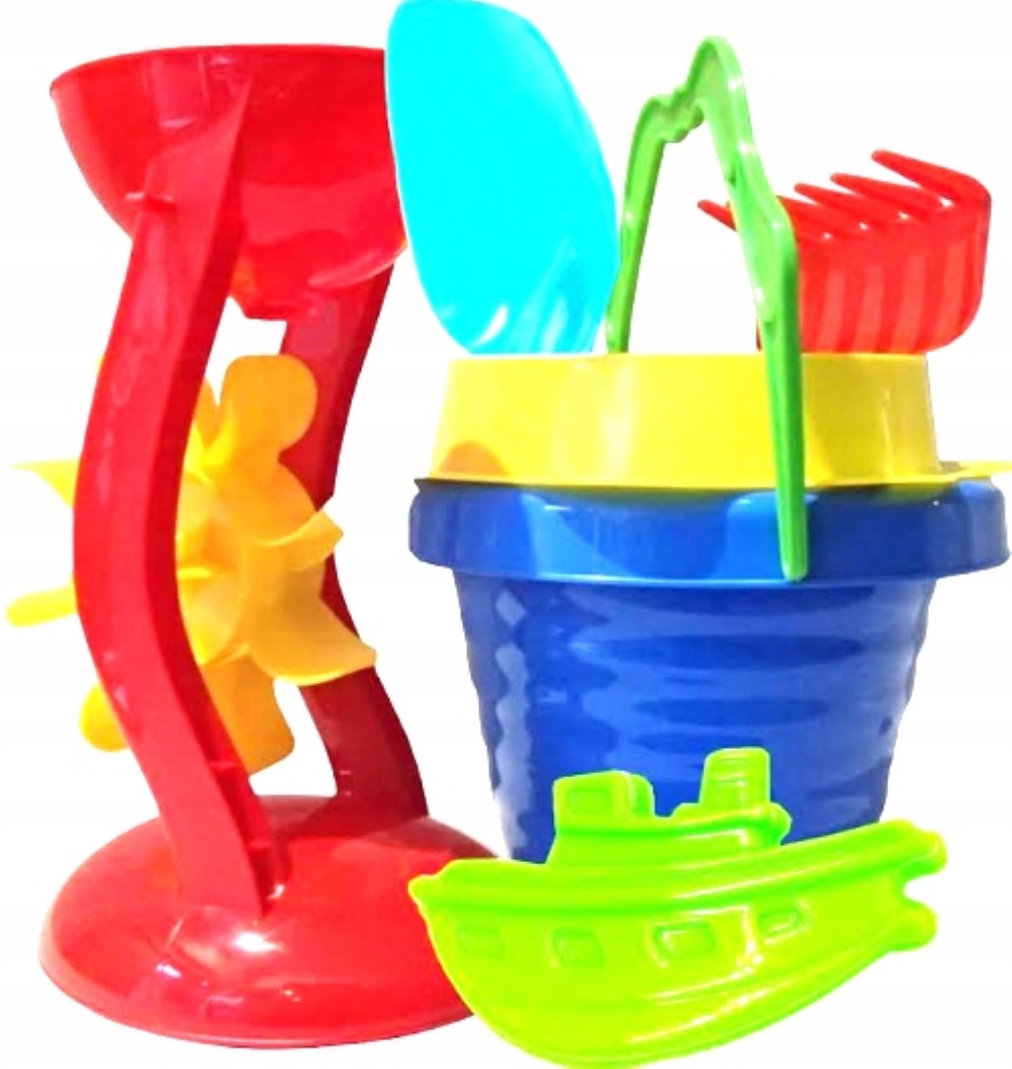 Festivalartikel Sandkasten Großes Sandspielzeug-Set 6-tlg. Eimer Mühle Formen Schaufel Rechen, (6-tlg)