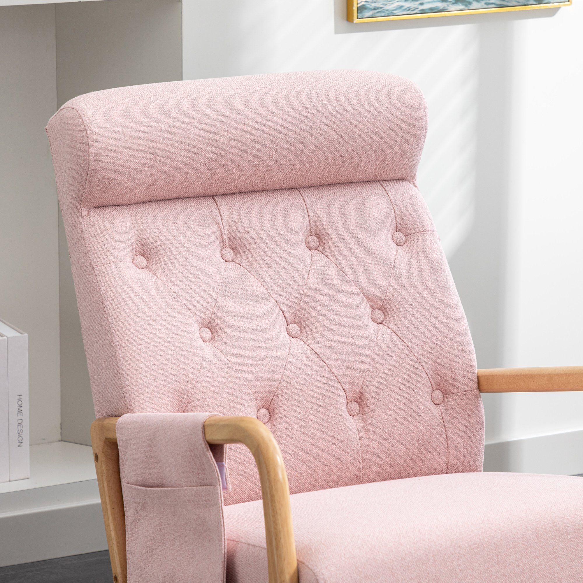 WISHDOR Relaxsessel Schaukelstuhl Relaxsessel Schaukelsessel, rosa integriertes Seitentaschen, und Kissen mit Mit Hocker), (Leinen, Design mit Relaxstuhl, Rückenlehne Hocker