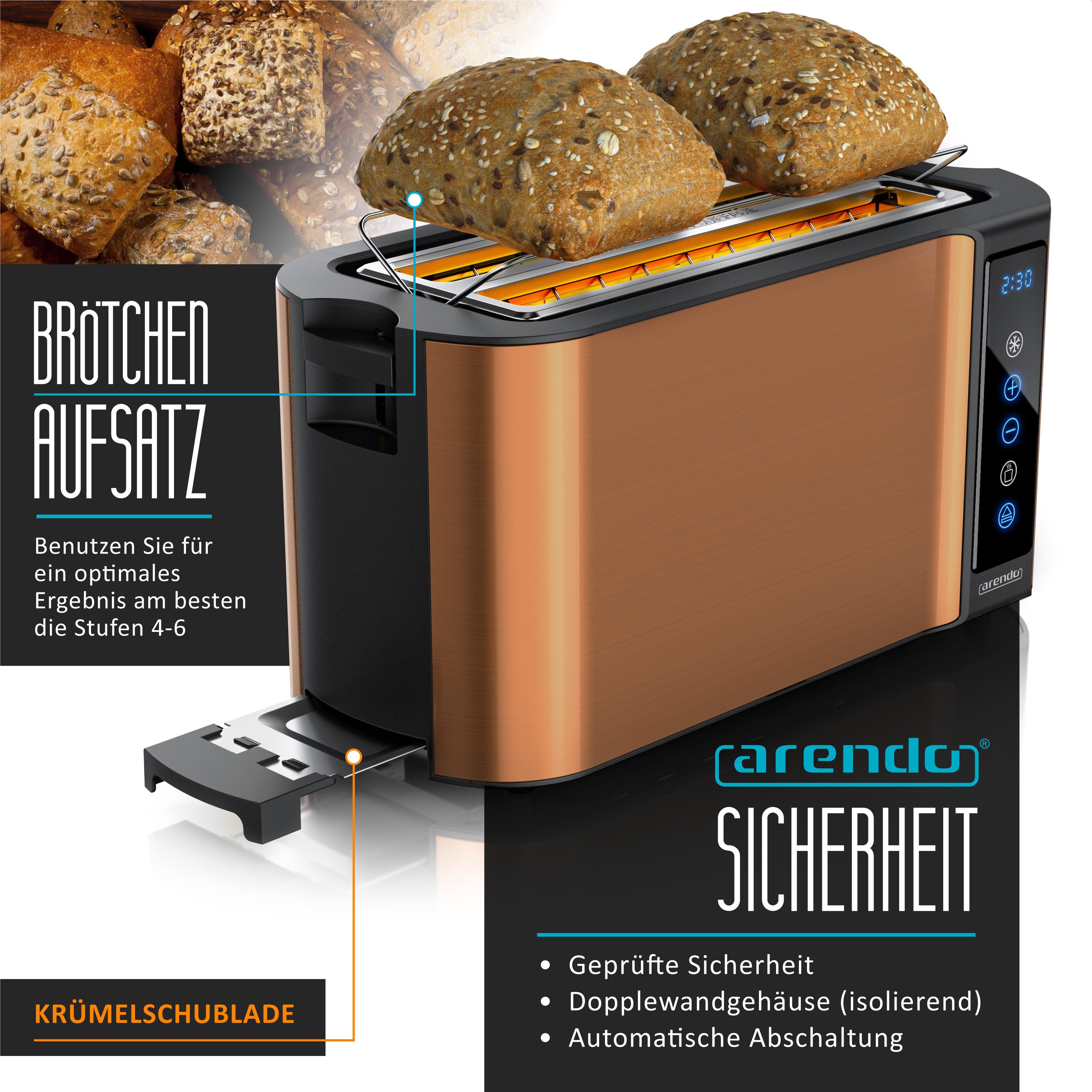 Arendo Frühstücks-Set Edelstahl Wasserkocher 1,5l, 4-Scheiben Langschlitz Toaster, kupfer (2-tlg), Wasserkocher mit Temperatureinstellung, Toaster Brötchenaufsatz, Touch