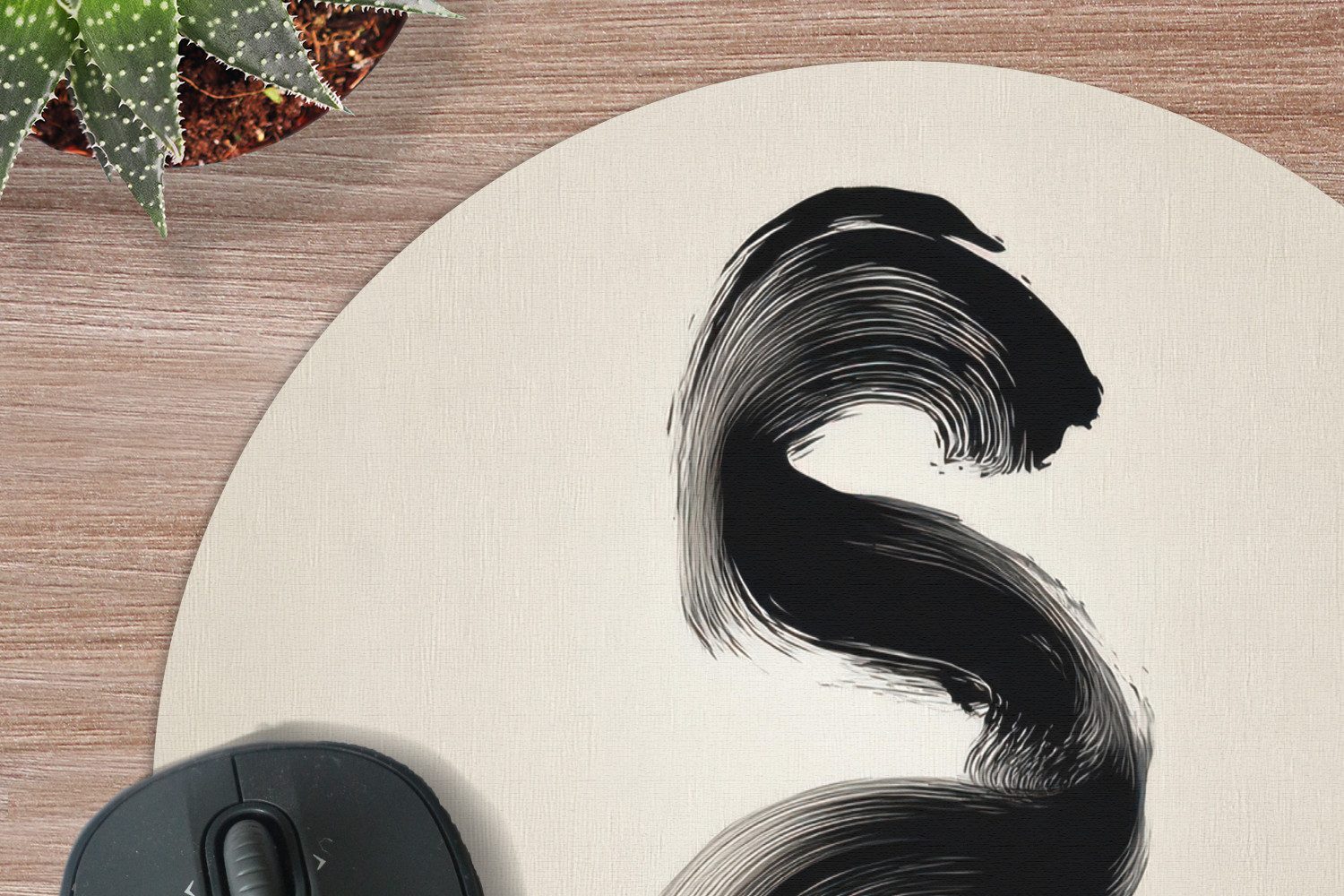 MuchoWow Mauspad Pinselstrich - Schwarz - Minimalistisch (1-St), Büro für Tastatur und Maus, Mousepad Gaming, Rund 20x20 cm