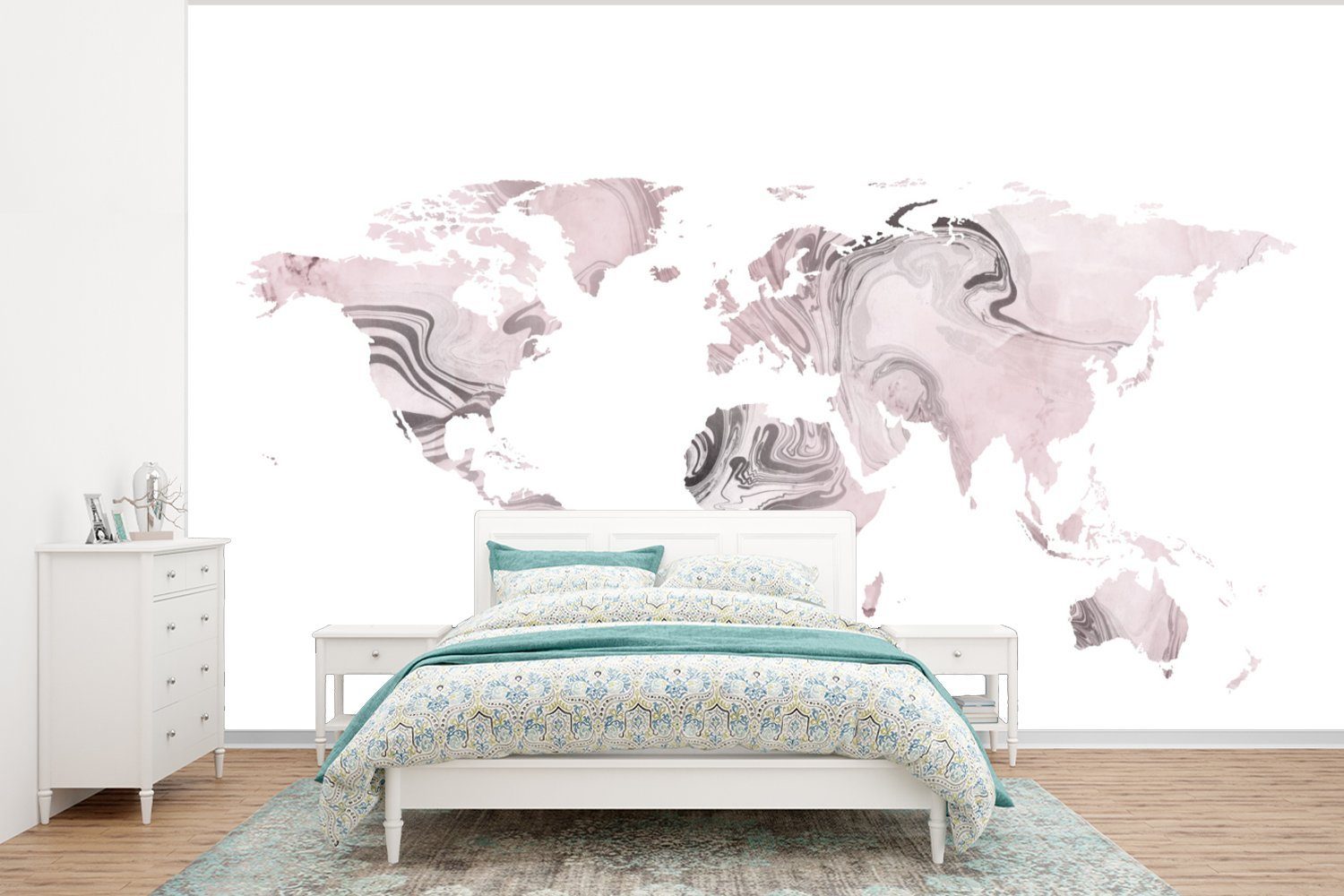 Tapete - MuchoWow Schlafzimmer, (6 für Fototapete Matt, Farbe Vinyl St), Weltkarte bedruckt, Kinderzimmer, Wohnzimmer, - Wallpaper rosa,