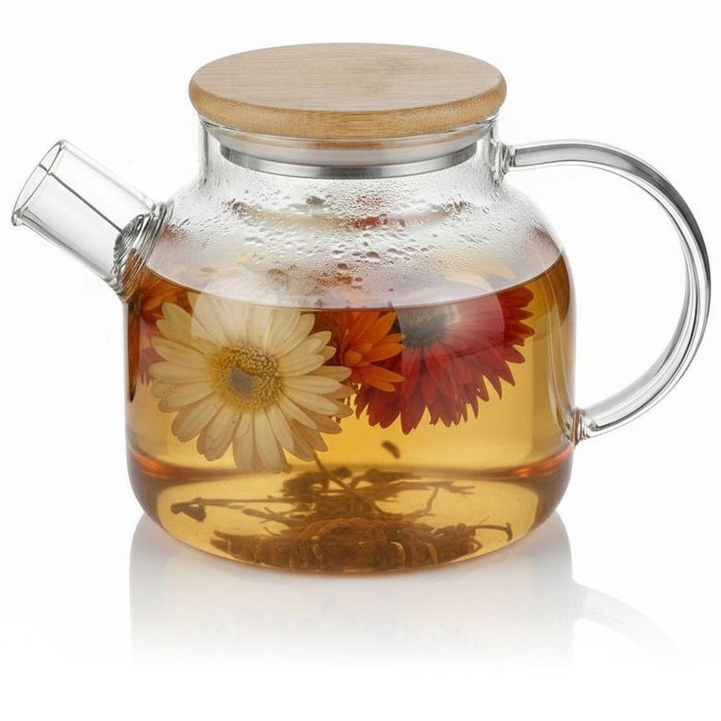 Arendo Teekanne Glas Teebereiter mit Sieb & Bambus Deckel für losen Tee, Früchtetee, 14 l, (Set, Glaskanne, Teesieb), Borosilikatglas, Tischkocher, Edelstahlsieb, hitzebeständig, Geschenk