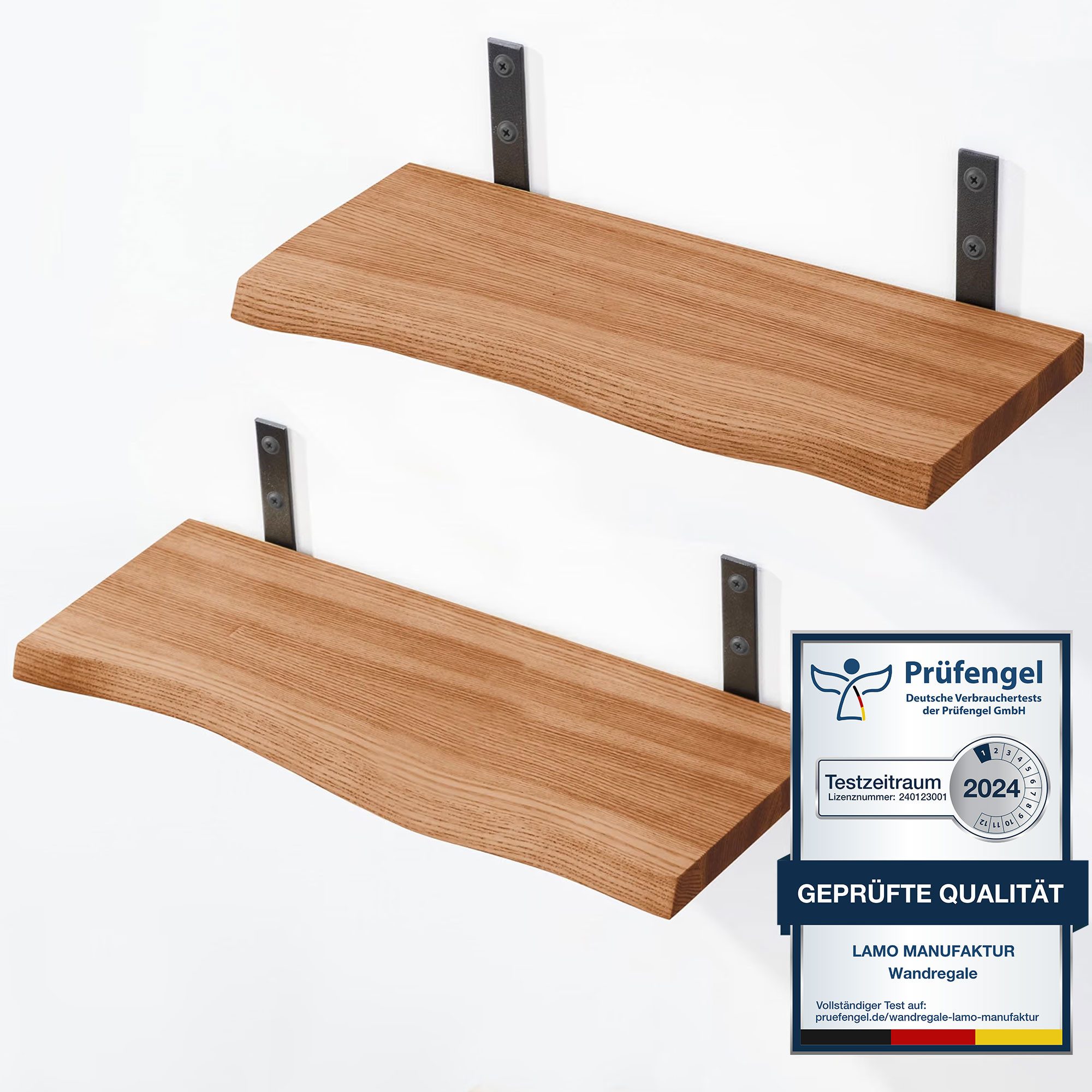 LAMO Manufaktur Wandregal LAMO Manufaktur 2 Stück Wandregal Holz 2x 42cm, Schweberegal Massiv 100% Echtholz, Wandregale SET 2 Baumkante Farbe: Dunkel