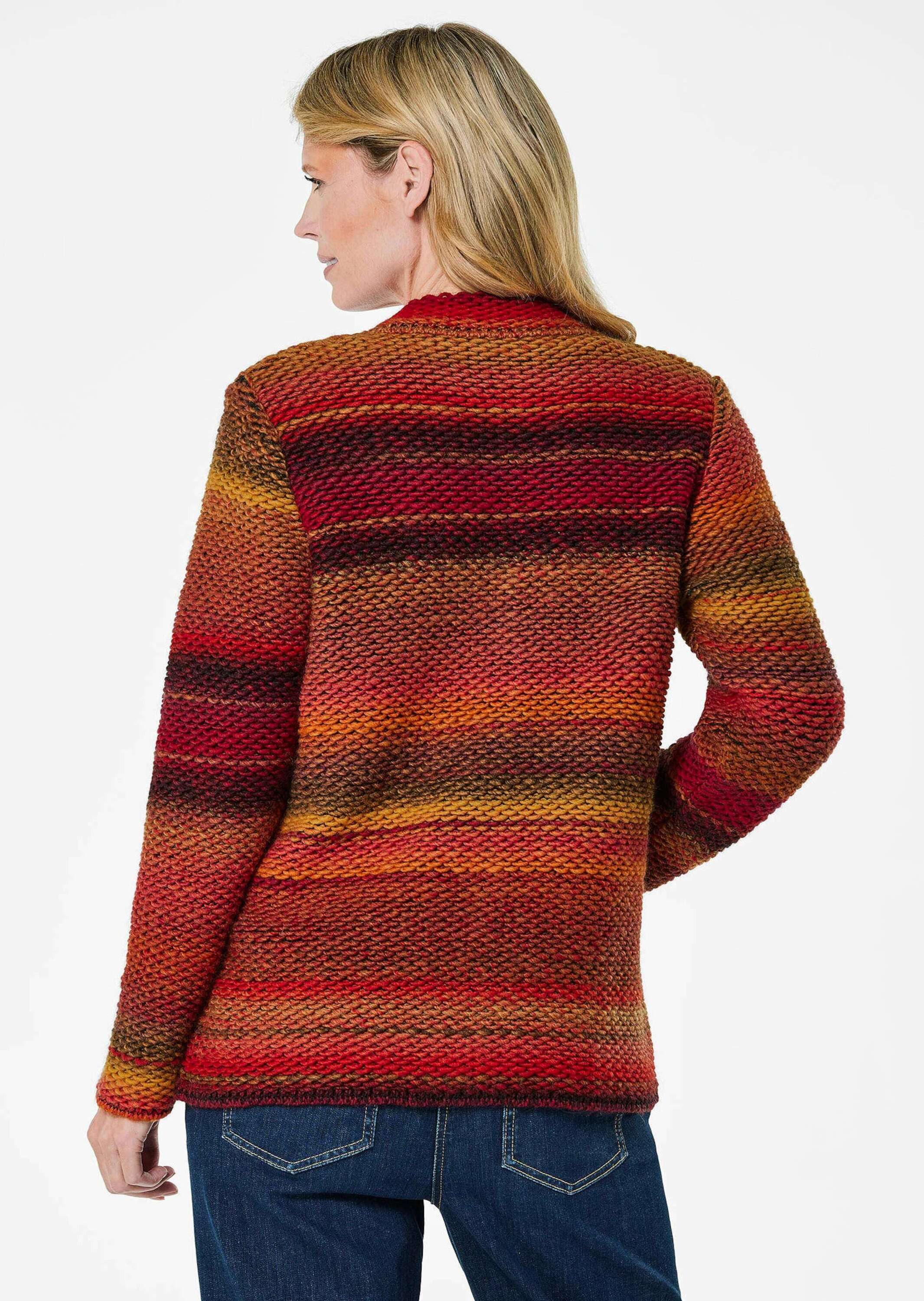 GOLDNER Strickjacke Kurzgröße: Multicolor Woll-Jacke mit Stehkragen Hüftlanger Schurwoll-Cardigan, Stehkragen, Knopfverschluss