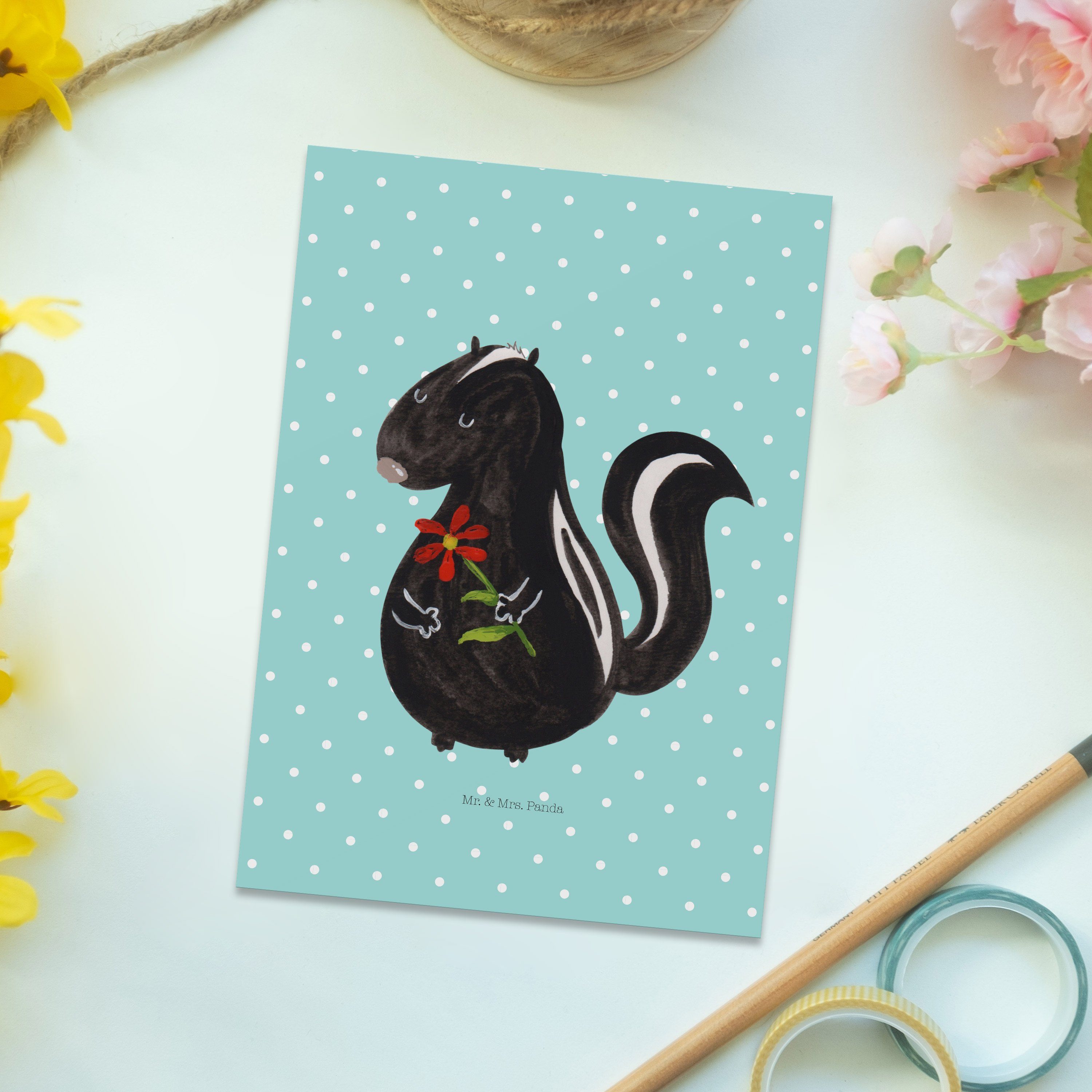 Geschenk, Mrs. Mr. Stinktier Panda Türkis Blume - Ansichtskarte, Postkarte Stinker Pastell - &