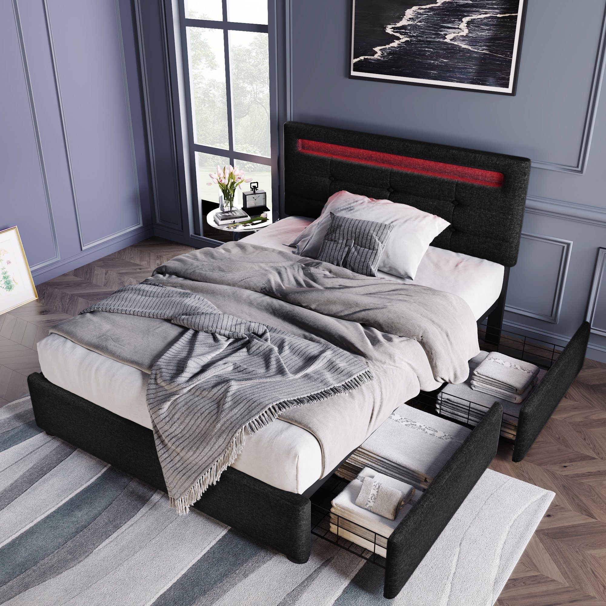 Flieks Polsterbett, LED-Beleuchtung Einzelbett 2 Schubladen Leinen 90x200cm günstig online kaufen