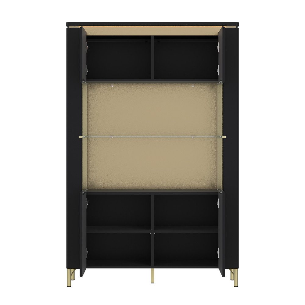 Lomadox Wohnwand NOLA-129, (3-St., Vitrinenschrank Fernsehschrank Vitrine), schwarz matt mit goldfarbenen Akzenten