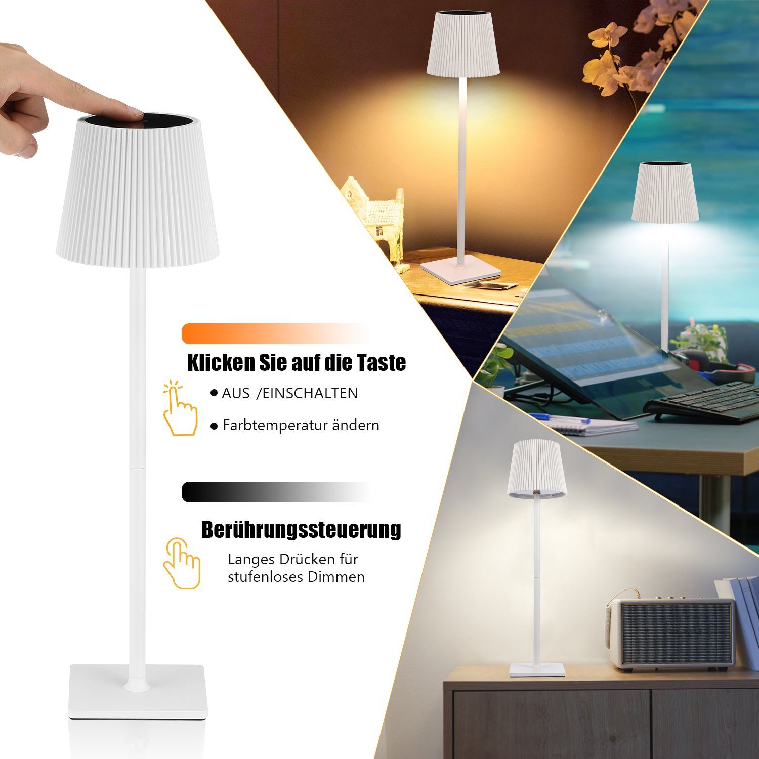 Akku LED Metallsockel, LED Abnehmbar Nachttischlampe, integriert, mit LETGOSPT mit Tischlampe 8000mAh Tischlampe Wiederaufladbar Tischlampe 3-Farbe LED Touch-Funktion, Weiß Dimmbare Tischleuchte fest Kaltweiß/Naturweiß/Warmweiß,