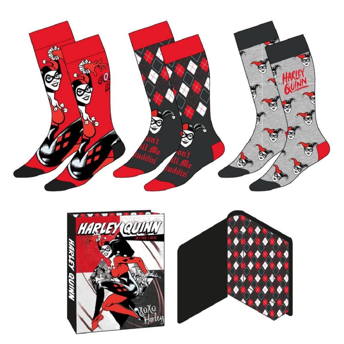Cerda Socken Harley Quinn 3er-Pack Baumwollsocken mit Box Alltagssocken 36-43