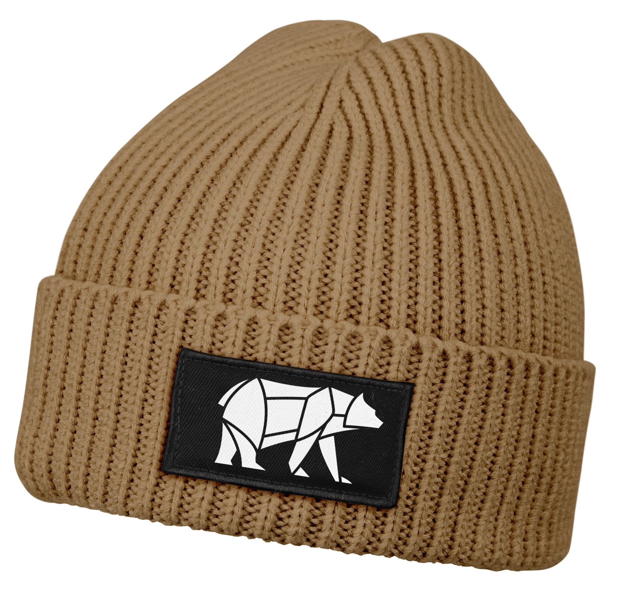 Strickmütze Damen Beanie Wintermütze mit Patch Bär Lineart Polygon Natur Outdoor