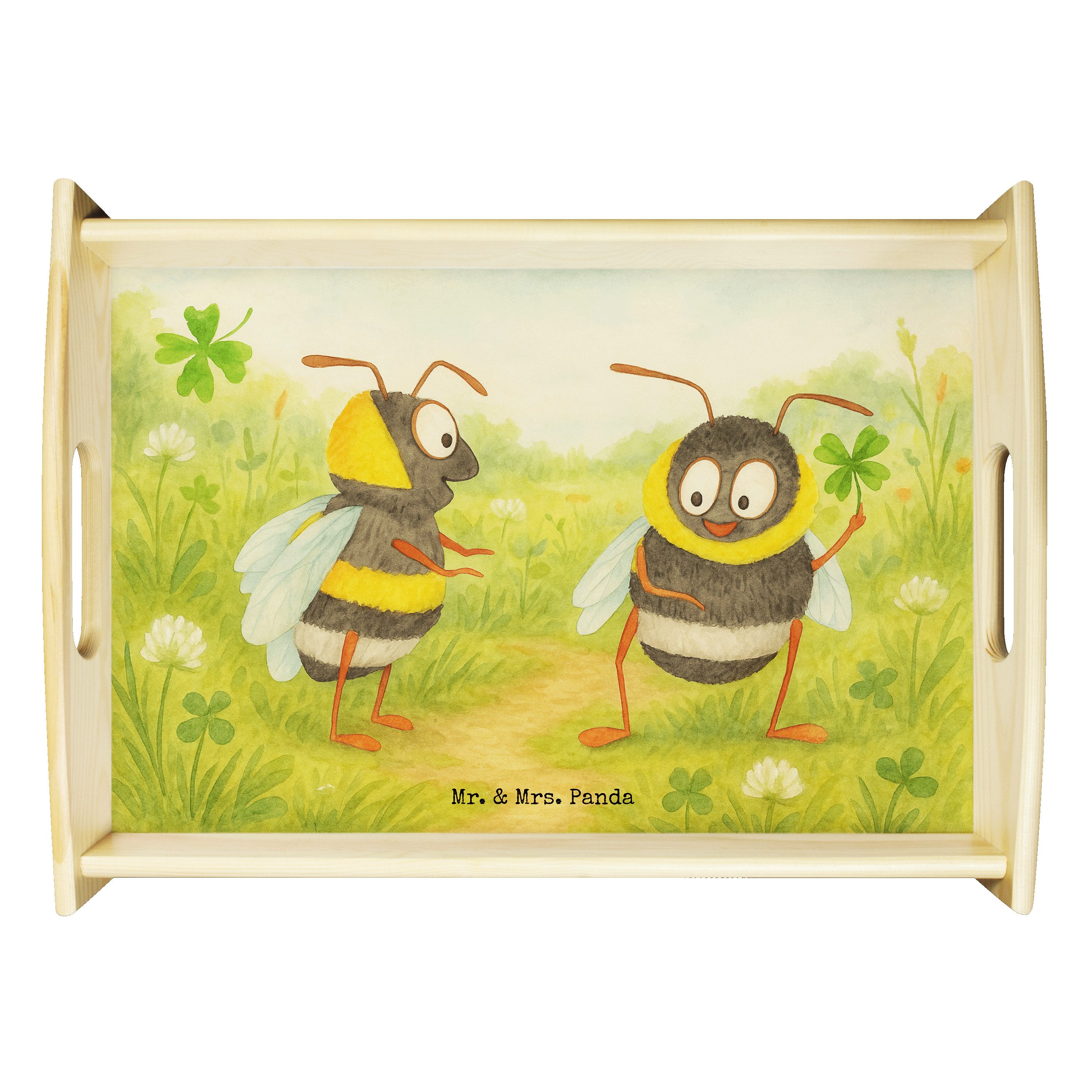 Mr. & Mrs. Panda Tablett Hummeln Kleeblatt Design, Tablett, Weiß, Lustige Sprüche, sofatablett, Echtholz lasiert, (Packung), tragetablett Dekotablett Bett-Tablett