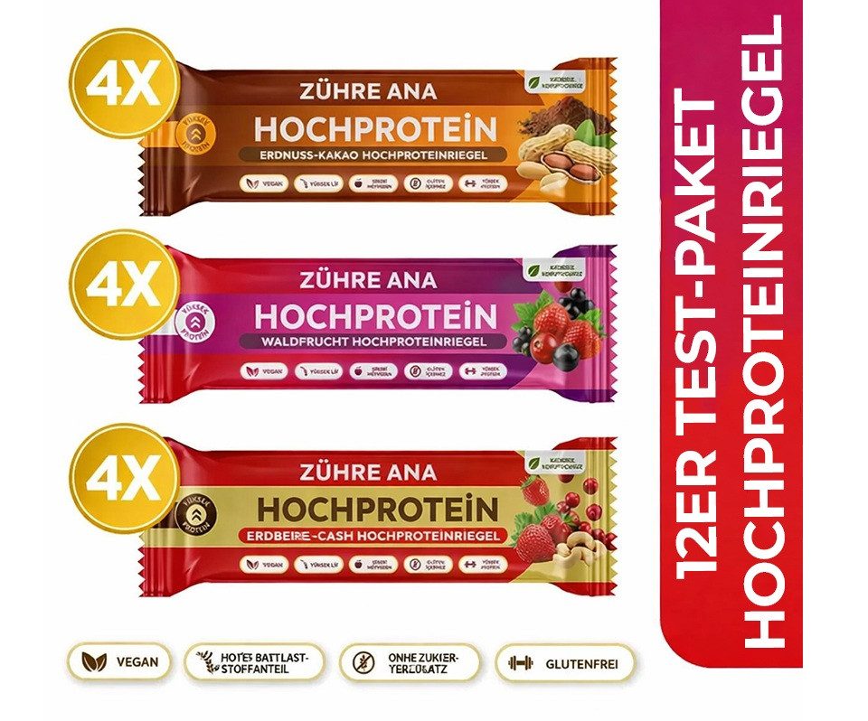 Zühre Ana® Riegel Proteinriegel Mix Box 12x – Vegan, Glutenfrei, Ohne Zuckerzusatz, 420 g, Proteinreicher, leckerer Snack, 35gr x 12 Stück