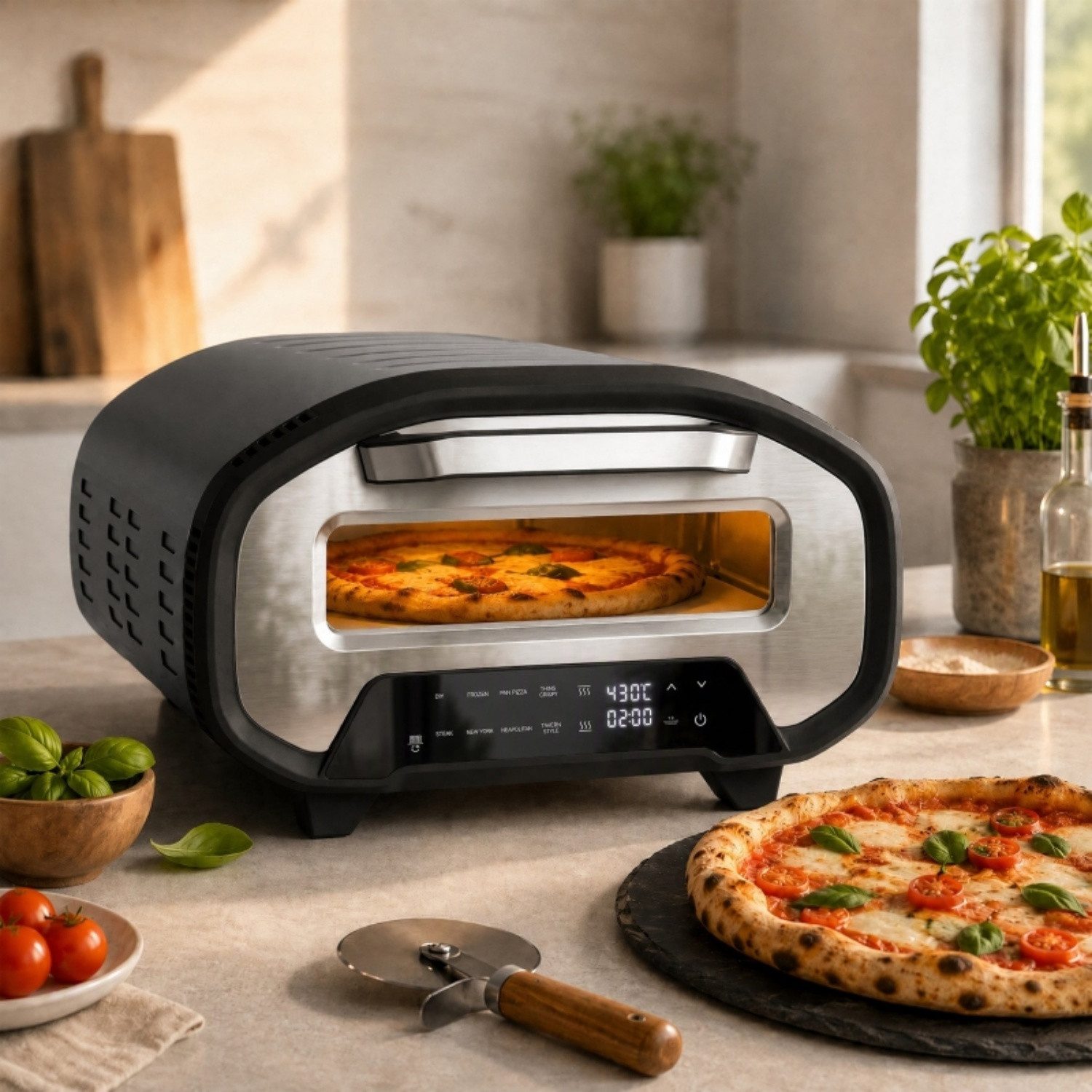 Fyrove Pizzaofen Pizzaofen für innen, 12 Zoll elektrischer Pizzaofen mit 8 Programmen, 430 °C, Timer, Keramikstein, 2200 W