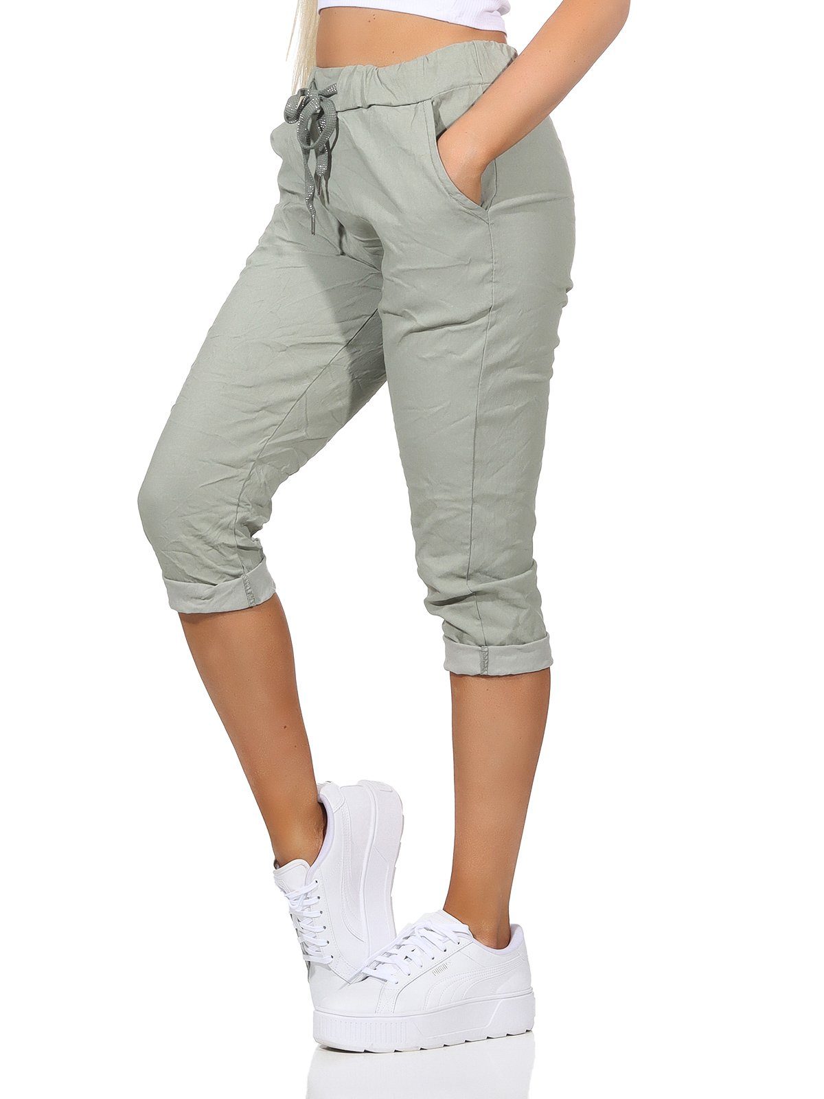 Bermuda Damen Kordelzug, sommerlichen Aurela 36-44 Sommerhose Damenmode Farben, und Hose 7/8-Hose Jeans Khaki in Taschen Capri Kurze