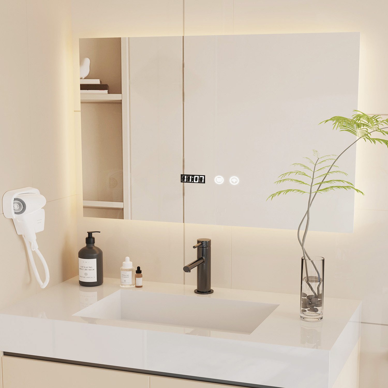 oyajia Badspiegel mit Beleuchtung LED Wandspiegel Antibeschlag Badspiegel Kosmetikspiege, 3 Lichtfarben Dimmbare mit Touch-Steuerung, IP44, Memory Funktion, Uhr