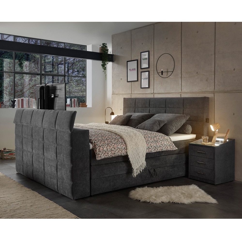Lomadox Boxspringbett DURAZNO-09, 180x200 cm mit TV-Halterung mit Bettkasten Hotelbett in anthrazit