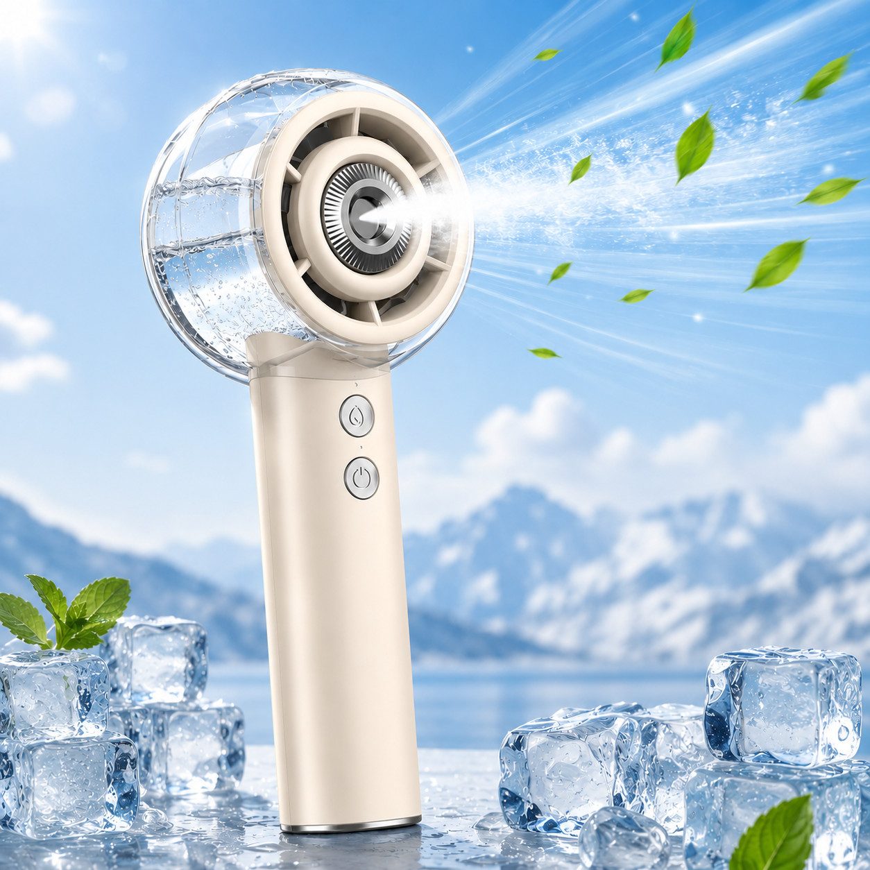 MOPUEA Handventilator Kühlgeräte Tragbarer Nebelventilator 6000 mAh Akku Handventilator, Wiederaufladbar Mini Ventilator Mit 4 Windstufen Und 25 ml Wassertank