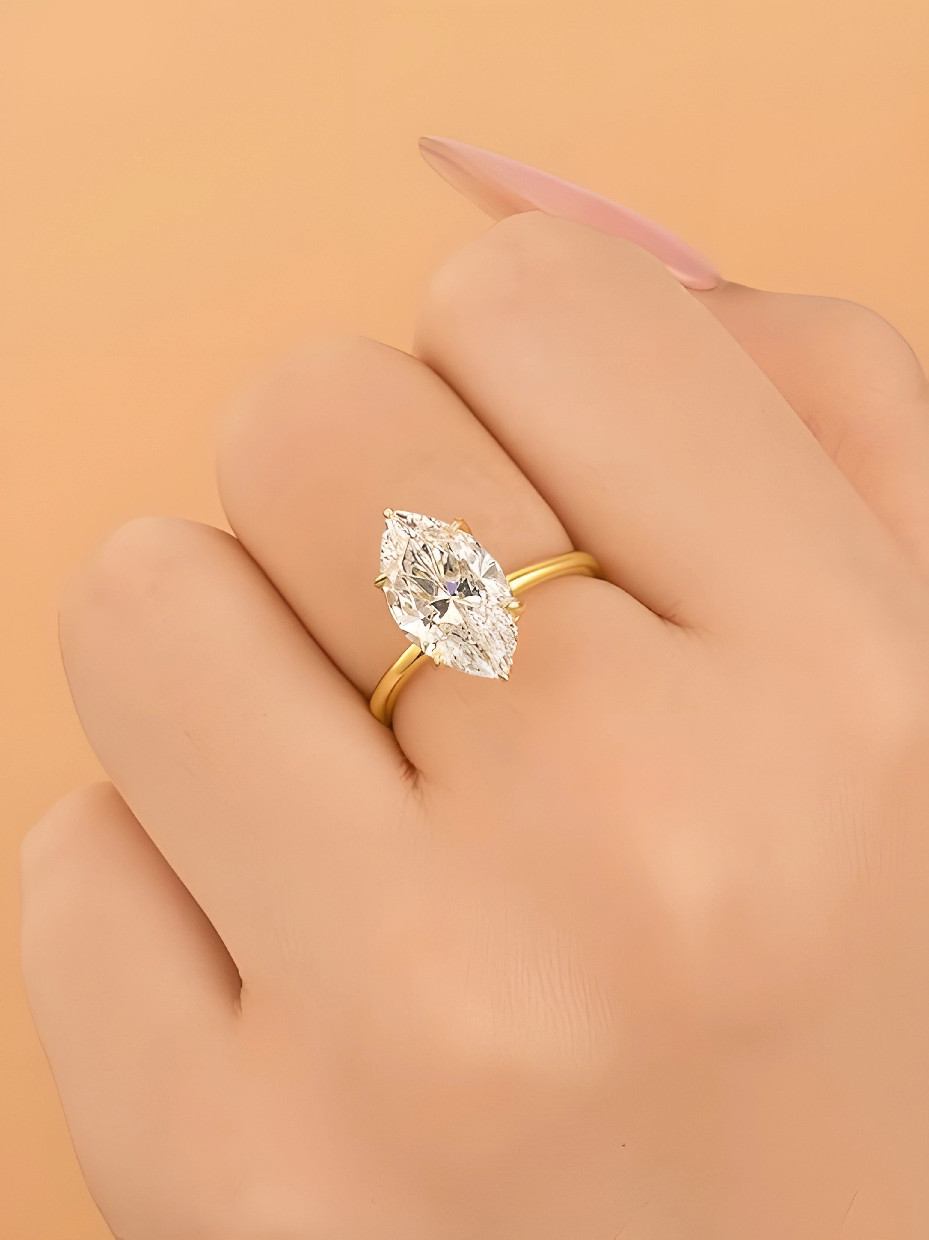 Jumpeak Trauring 585 Gelbgold, 3ct Diamantring mit Pferdeaugenschliff für Damen, D VVS2. Mit IGI-Zertifikat, Geschenk zum Jahrestag.