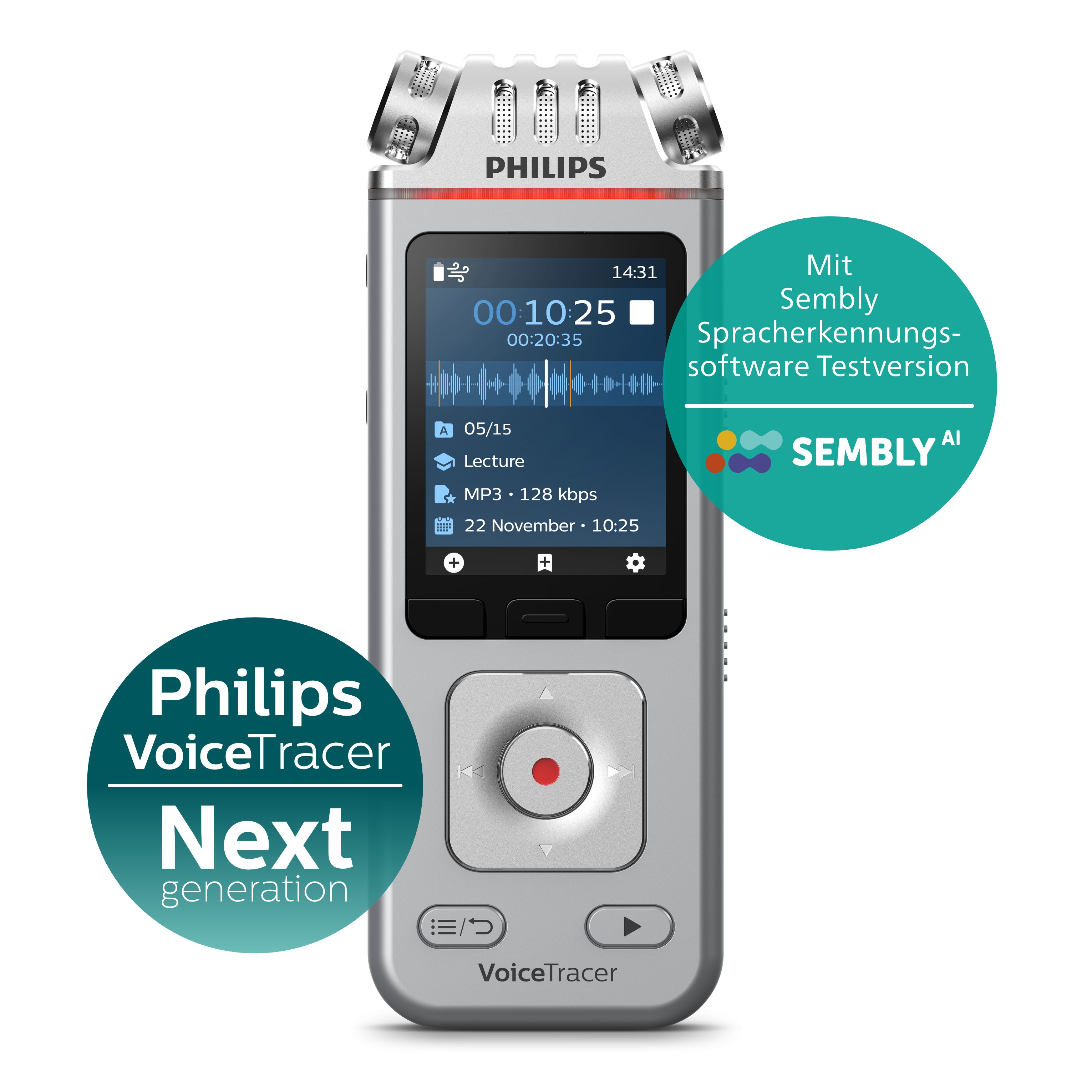 Philips DVT4115 Audiorecorder Digitales Diktiergerät (3 High-Fidelity-Mikrofone, Smartphone-App, Sembly AI Spracherkennung)