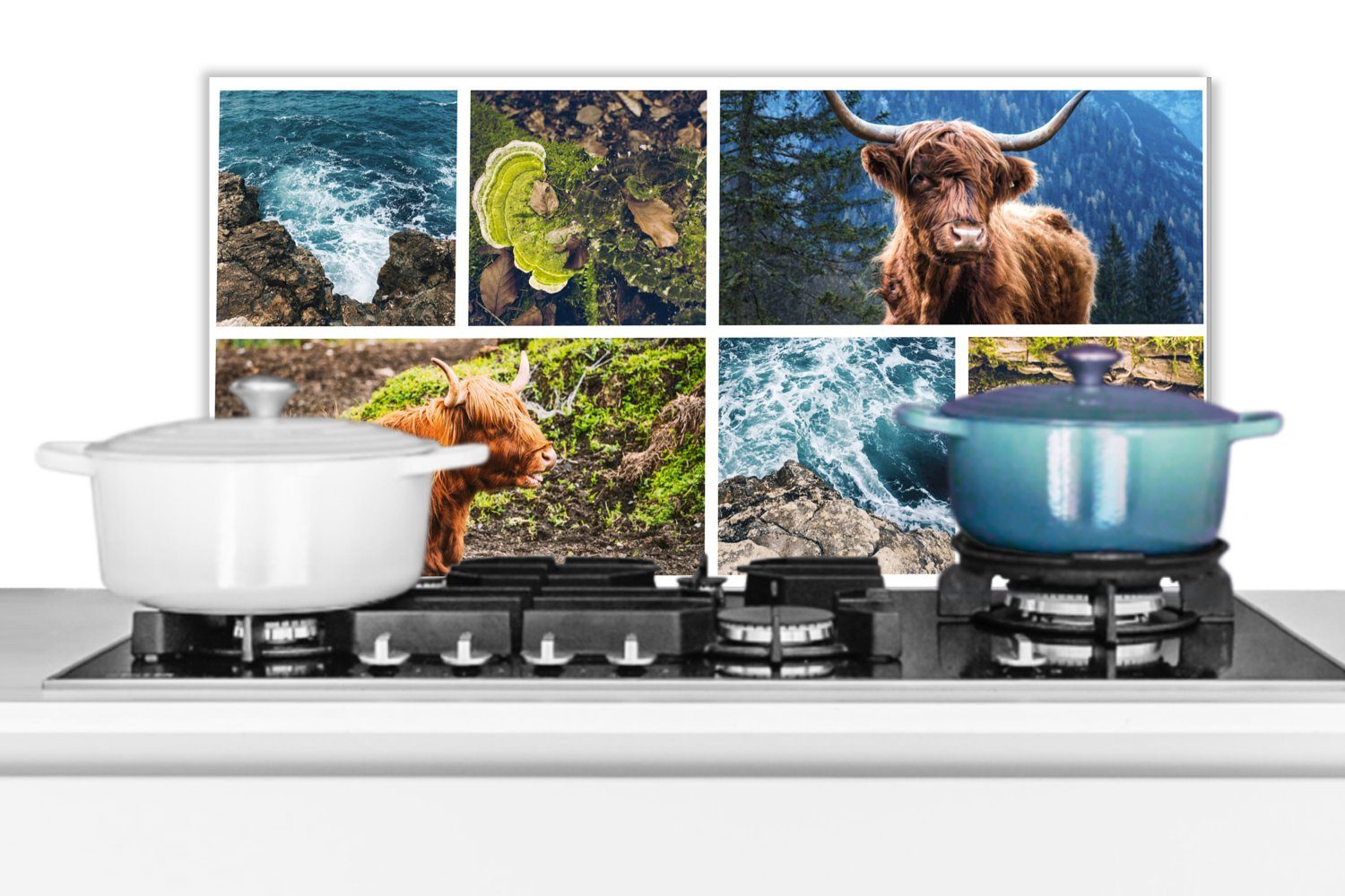 Wandschutz, 60x30 Schottischer - - Fett gegen Berg, (1-tlg), - cm, Küchen Meer Küchenrückwand für Highlander Schmutzflecken und Collage MuchoWow