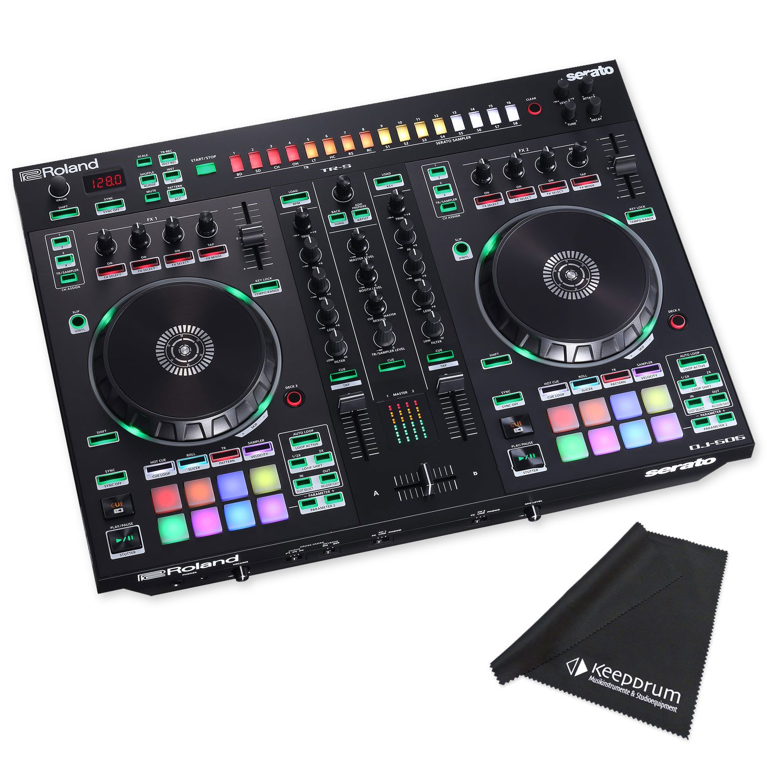 Roland Audio DJ Controller Roland DJ Controller DJ-505 2-Kanal 4-Deck DJ-Pult mit Tuch, (digital, 1-tlg), Vorteils-Set mit Mikrofasertuch