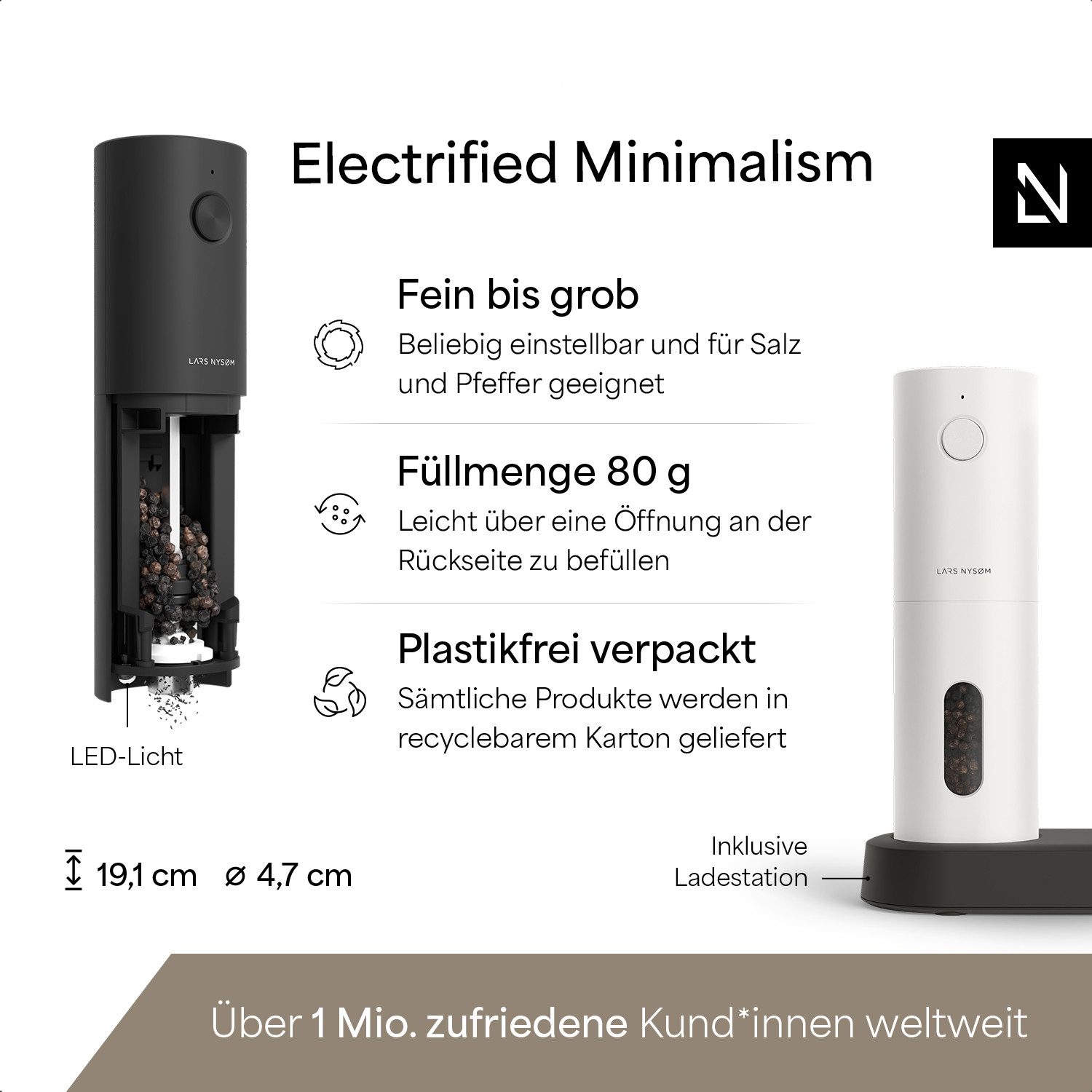 LARS NYSØM Gewürzmühle Spænding praktische Einhandbedienung per Drucktaste, (2 Stück), elektrische Salz- & Pfeffermühle mit eingebautem LED-Licht – Bild 4 von 5