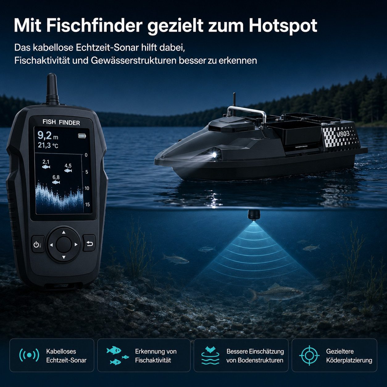 Tekoo RC-Boot GPS Futterboot mit Fischfinder, 4 Kammern, 3kg, 2x12000mAh (Set), 200 GPS-Ankerpunkte, Auto-Rückkehr-Funktion, Gyroskop-Stabilisierung