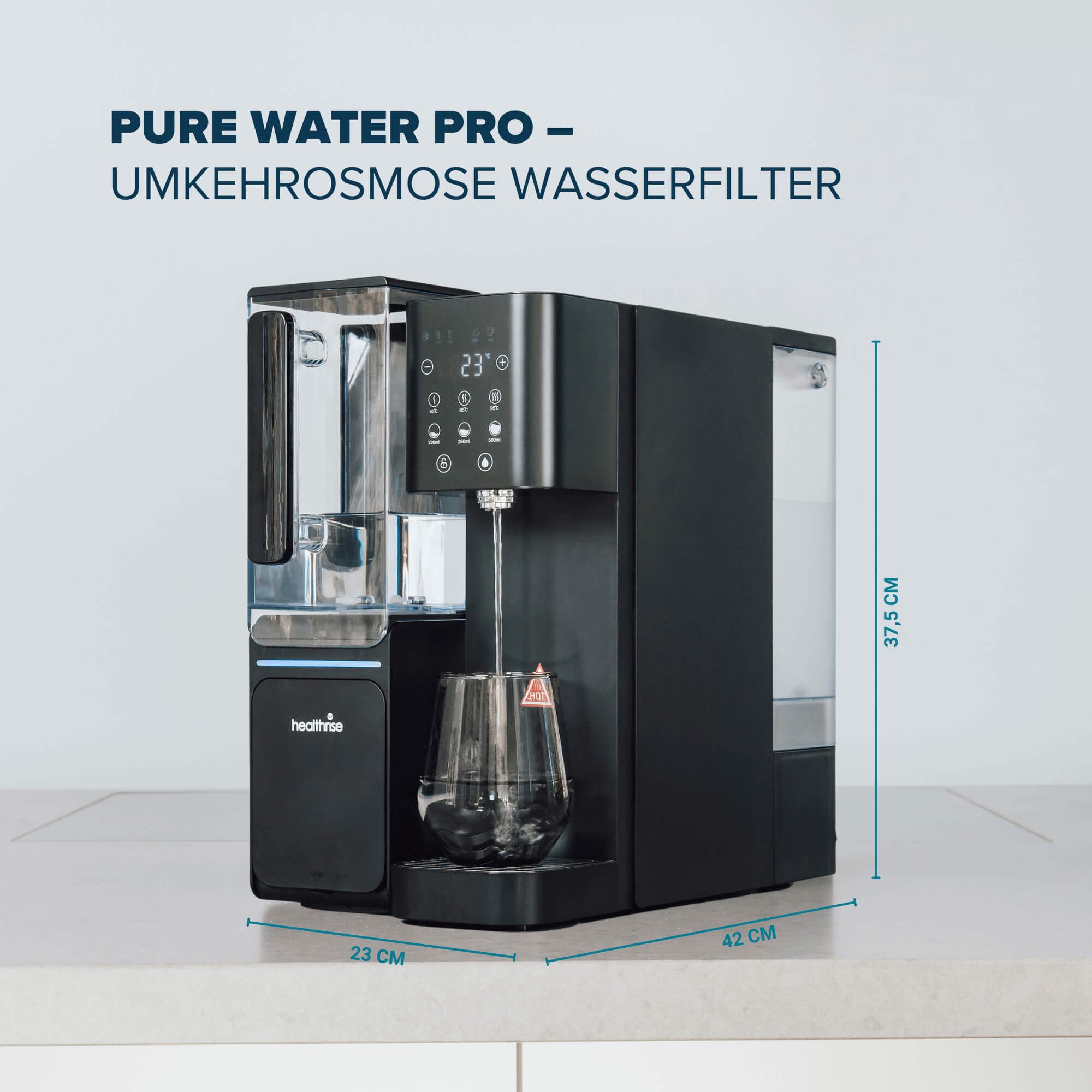 Health Rise Wasserfilter Pure Water Pro, Umkehrosmoseanlage, schwarz, extra Karaffe