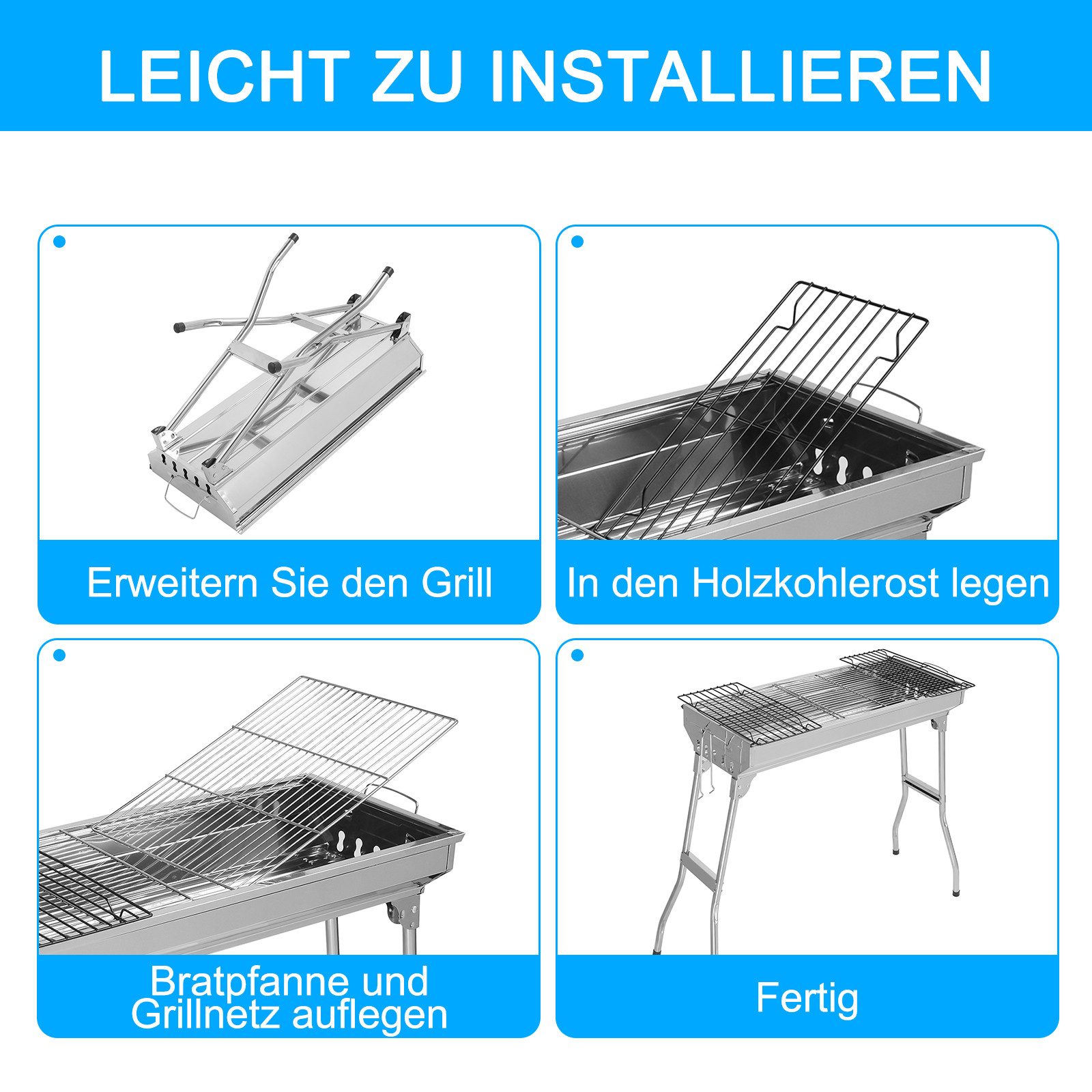 LALAHO Holzkohlegrill Grill Edelstahl mit Grillrost Ablage Klappbeine, Klappgrill 70x31x71cm für Garten & Camping – Bild 3 von 5